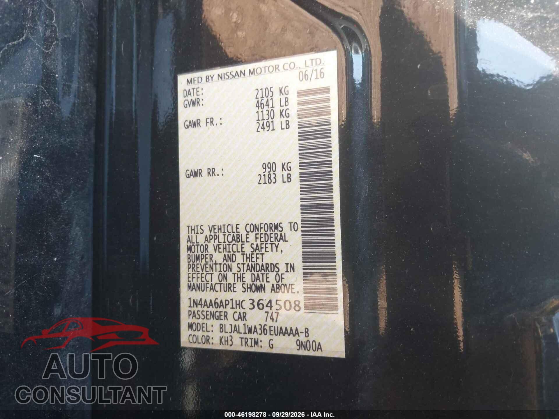 NISSAN MAXIMA 2017 - 1N4AA6AP1HC364508