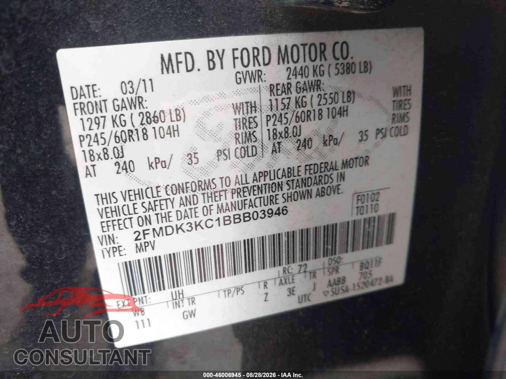 FORD EDGE 2011 - 2FMDK3KC1BBB03946