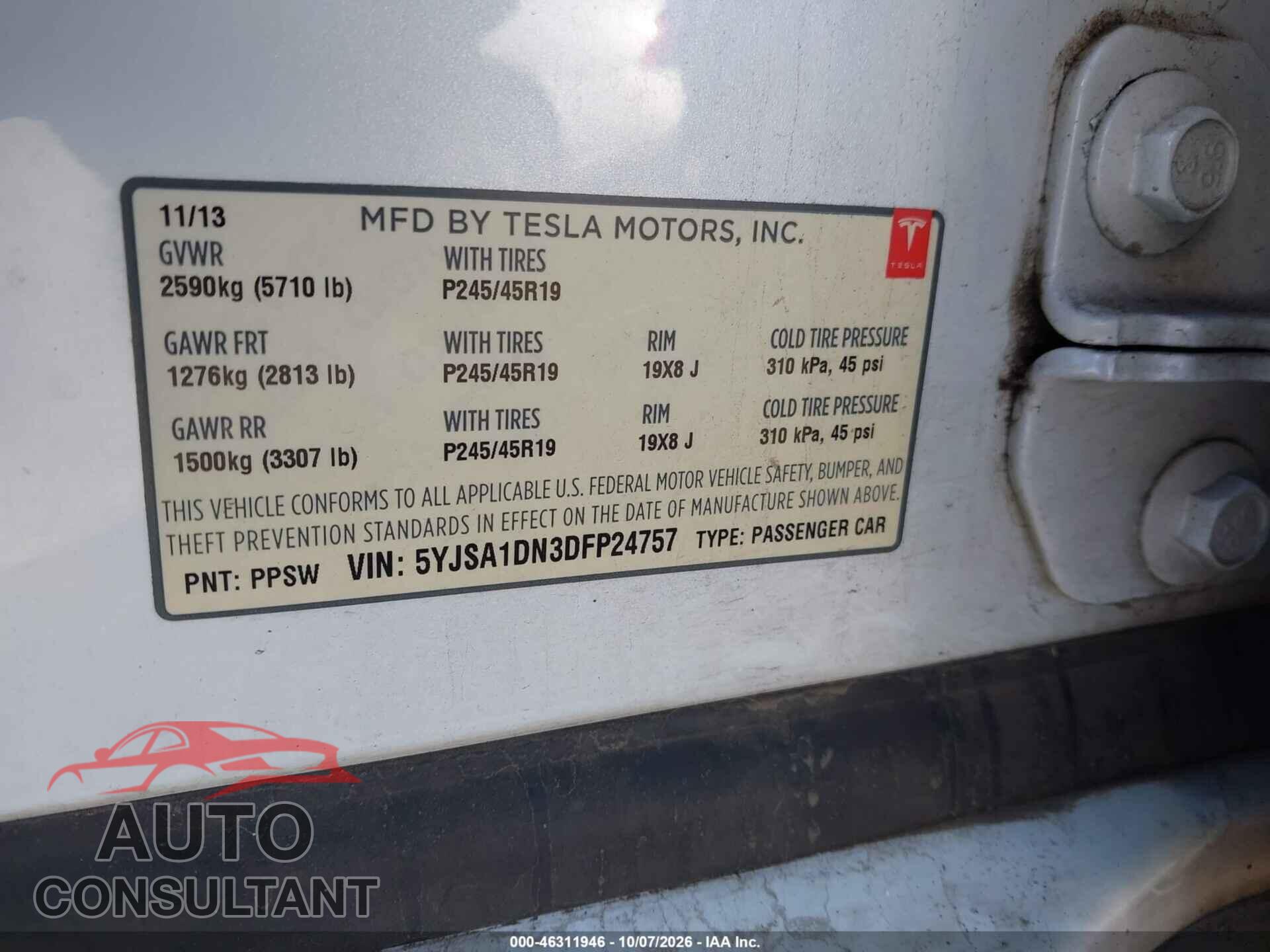 TESLA MODEL S 2013 - 5YJSA1DN3DFP24757