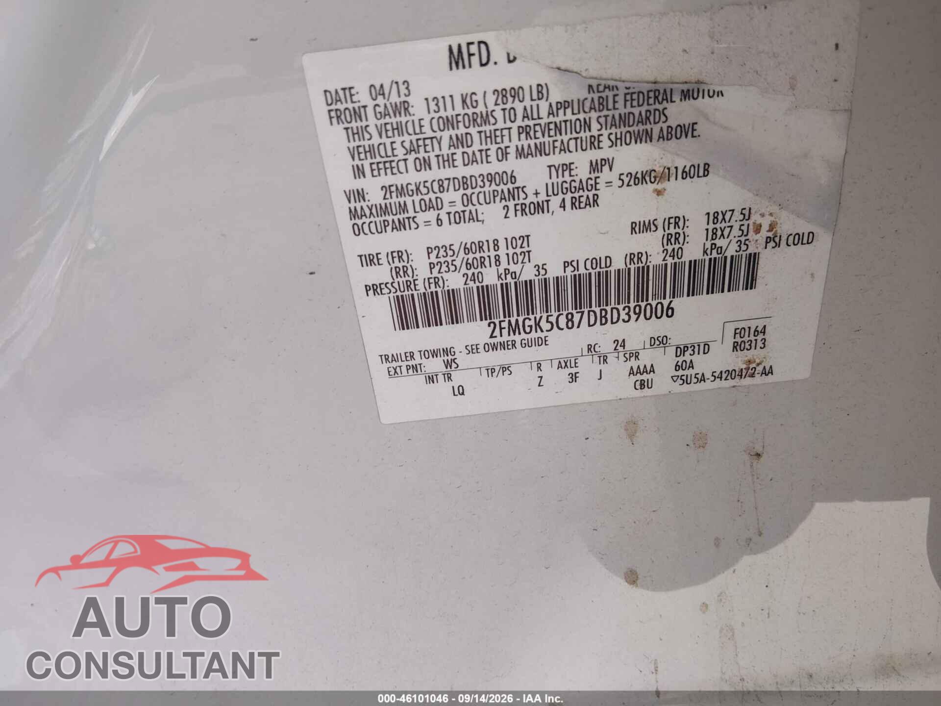 FORD FLEX 2013 - 2FMGK5C87DBD39006