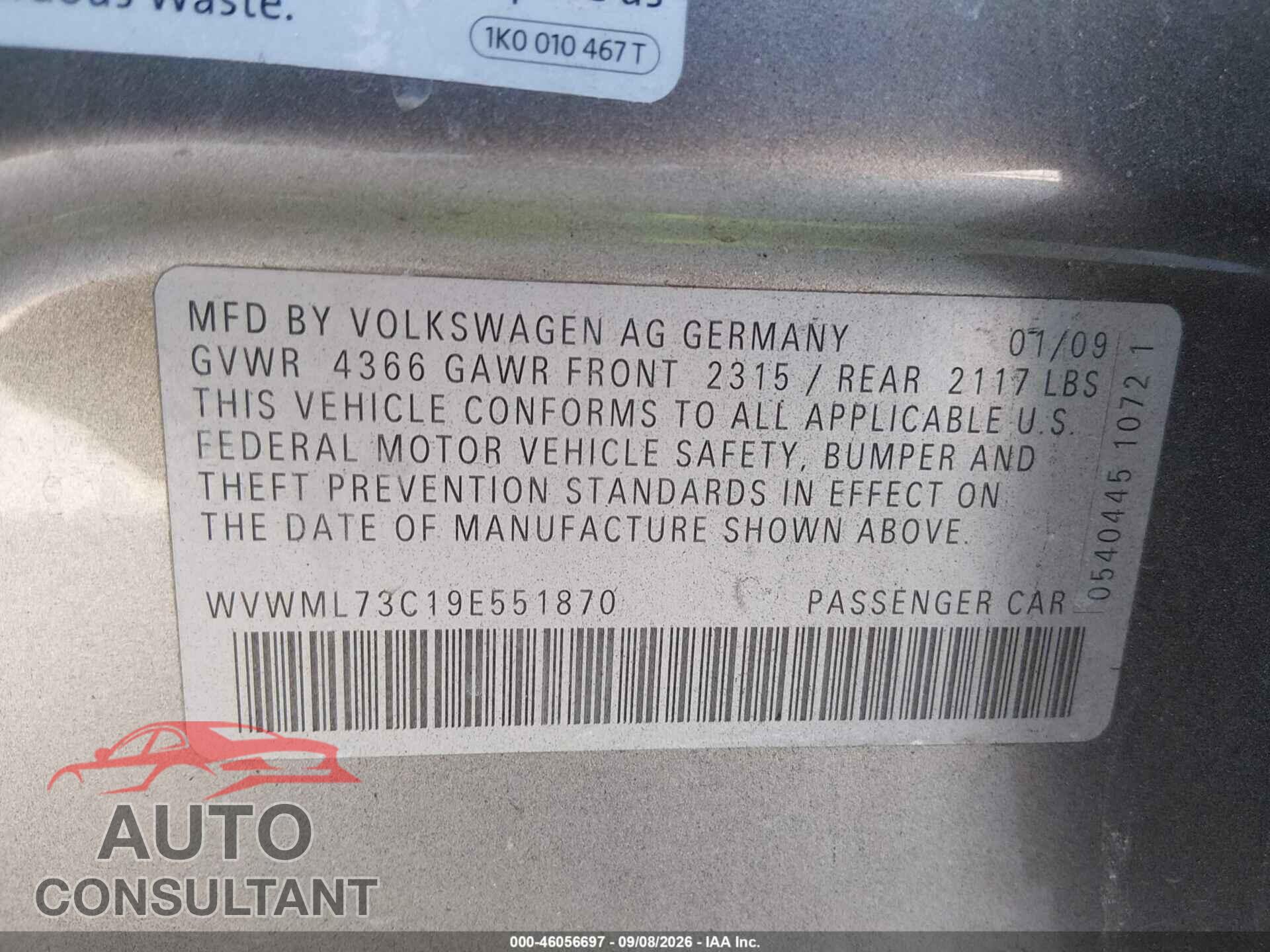 VOLKSWAGEN CC 2009 - WVWML73C19E551870
