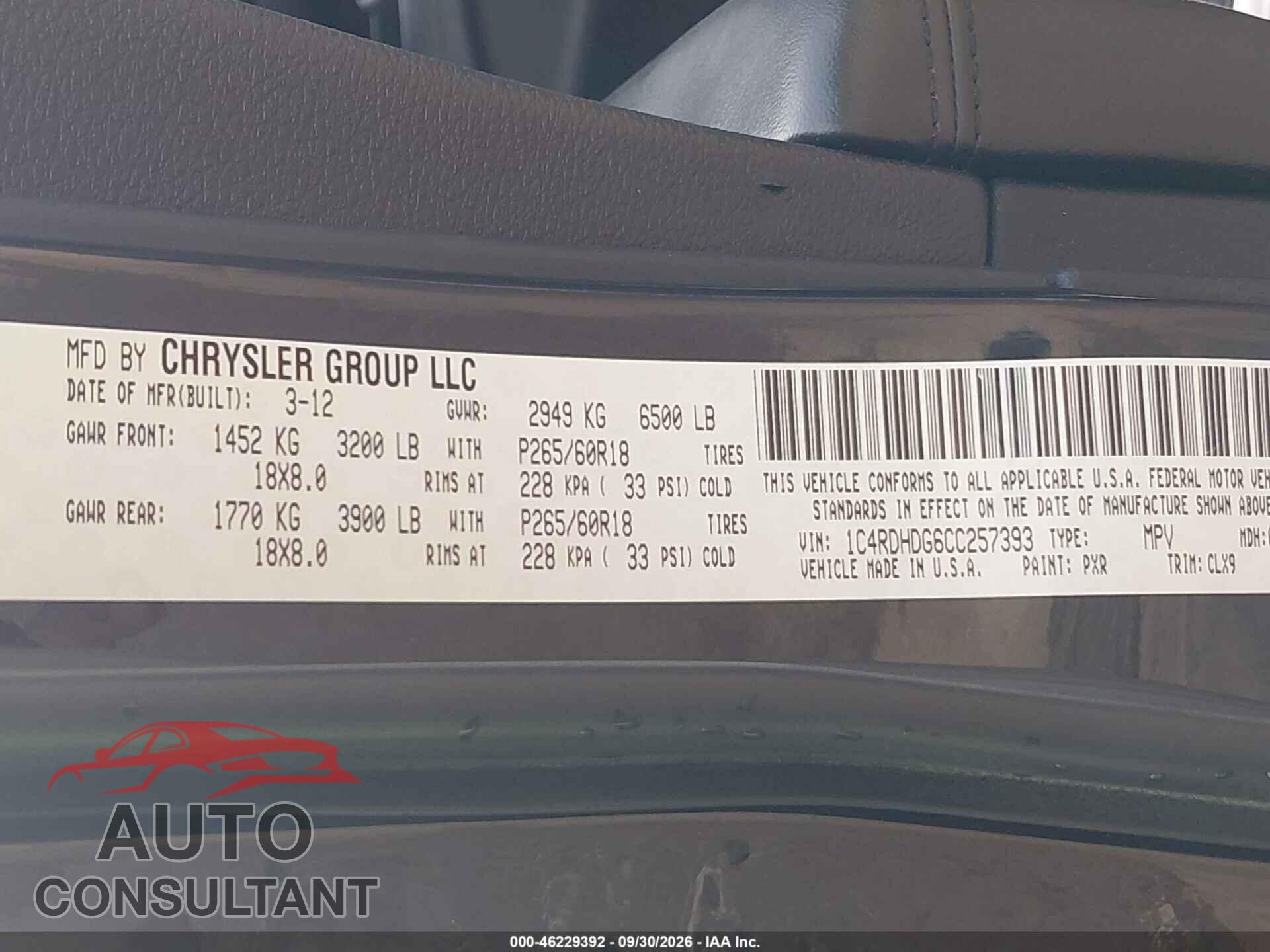 DODGE DURANGO 2012 - 1C4RDHDG6CC257393