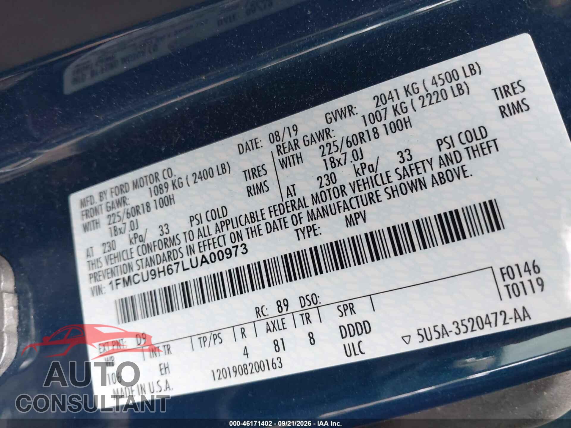 FORD ESCAPE 2020 - 1FMCU9H67LUA00973