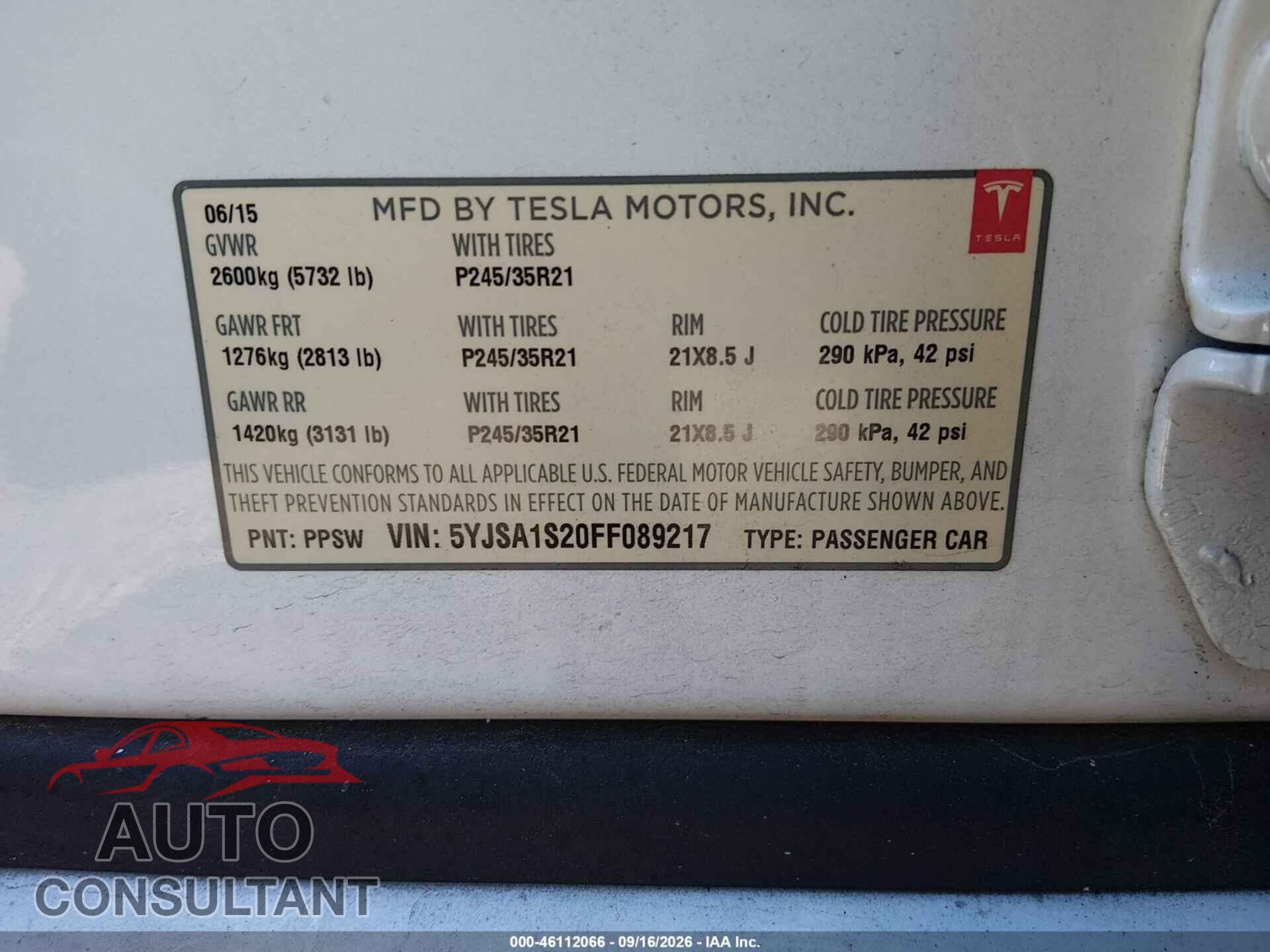 TESLA MODEL S 2015 - 5YJSA1S20FF089217