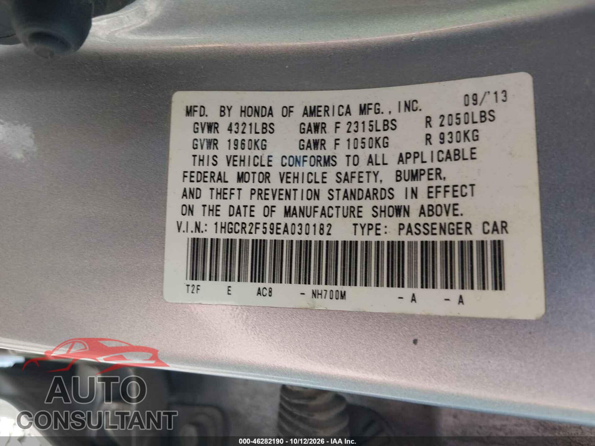 HONDA ACCORD 2014 - 1HGCR2F59EA030182