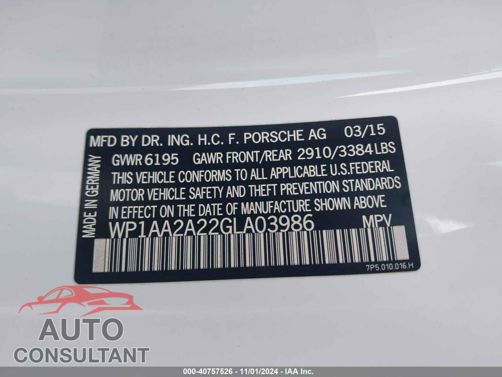 PORSCHE CAYENNE 2016 - WP1AA2A22GLA03986
