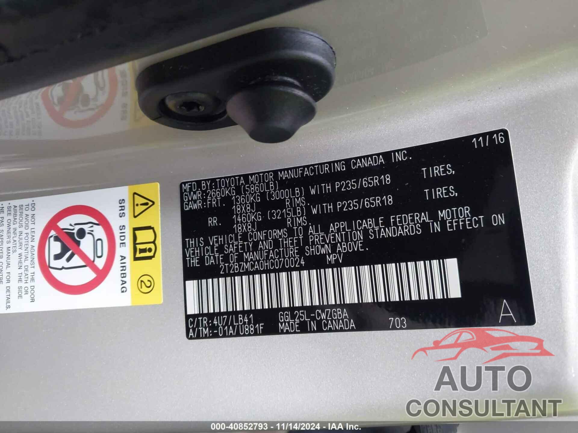 LEXUS RX 350 2017 - 2T2BZMCA0HC070024