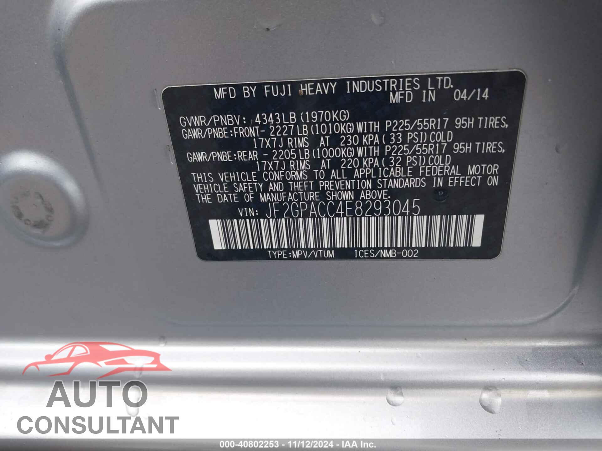 SUBARU XV CROSSTREK 2014 - JF2GPACC4E8293045