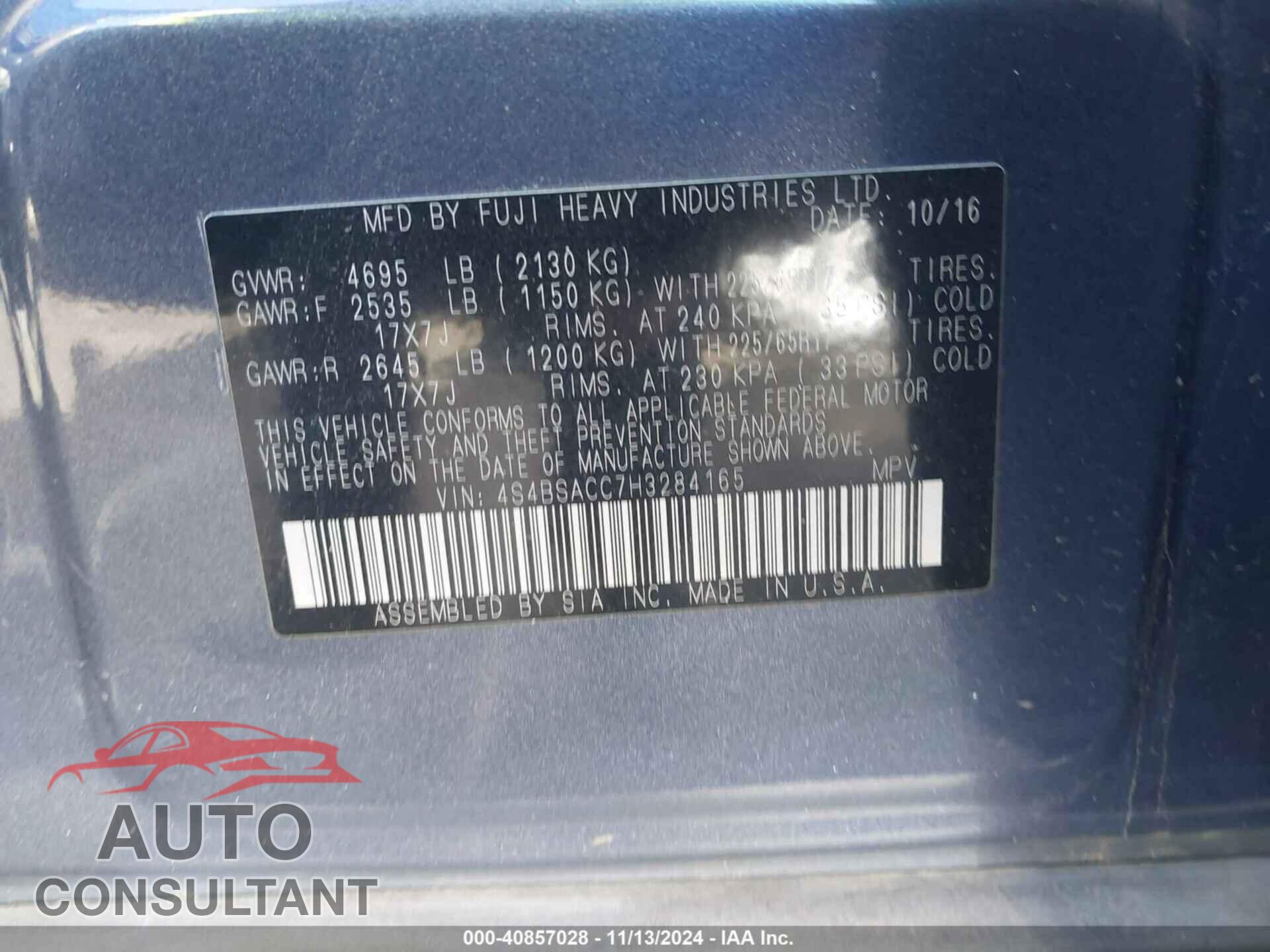 SUBARU OUTBACK 2017 - 4S4BSACC7H3284165