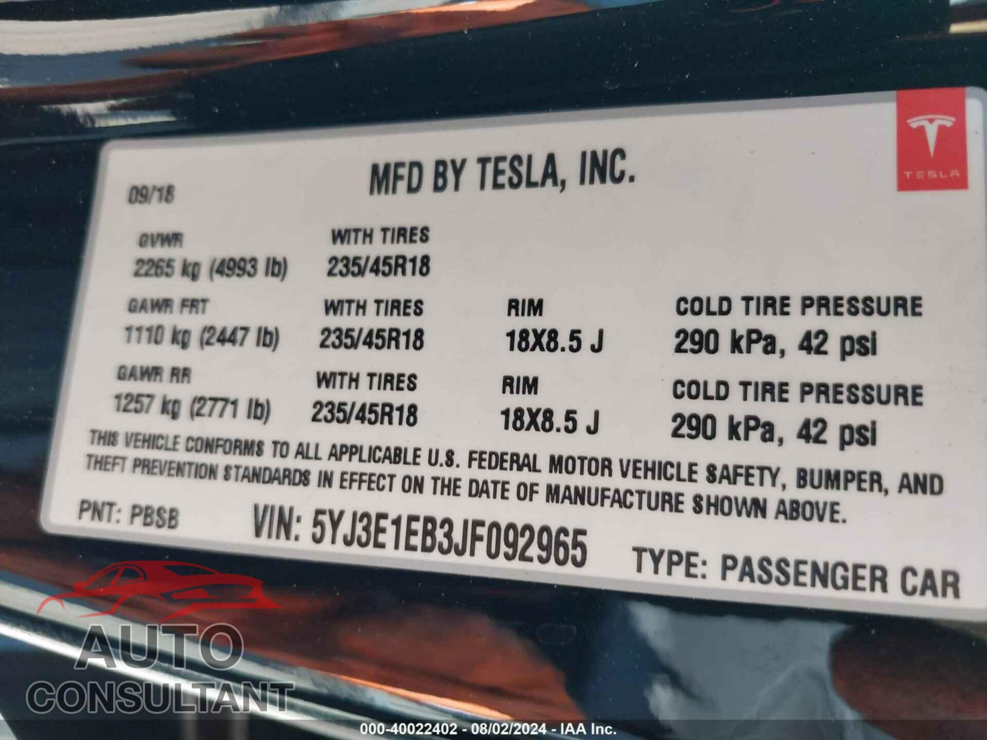 TESLA MODEL 3 2018 - 5YJ3E1EB3JF092965