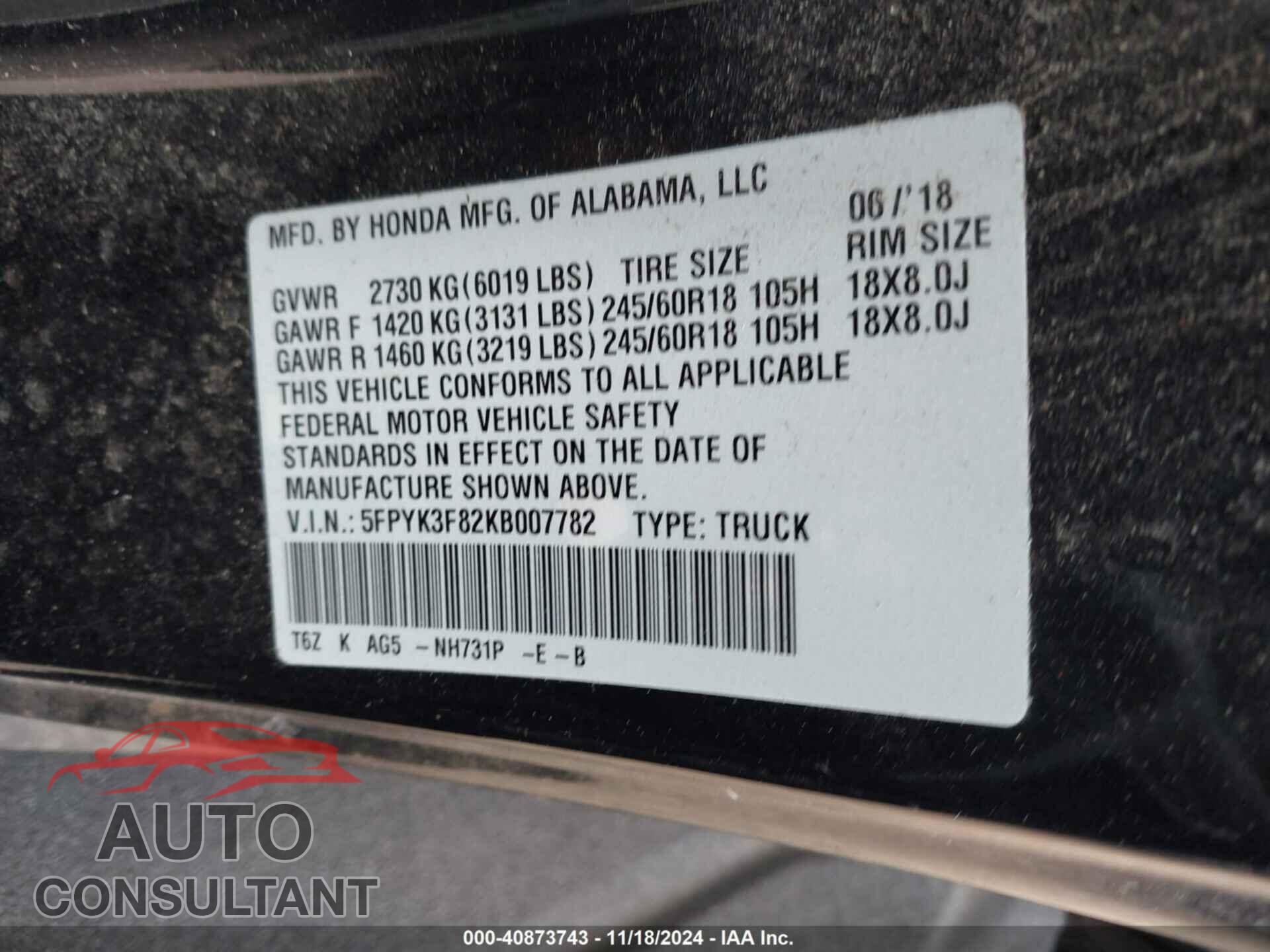 HONDA RIDGELINE 2019 - 5FPYK3F82KB007782