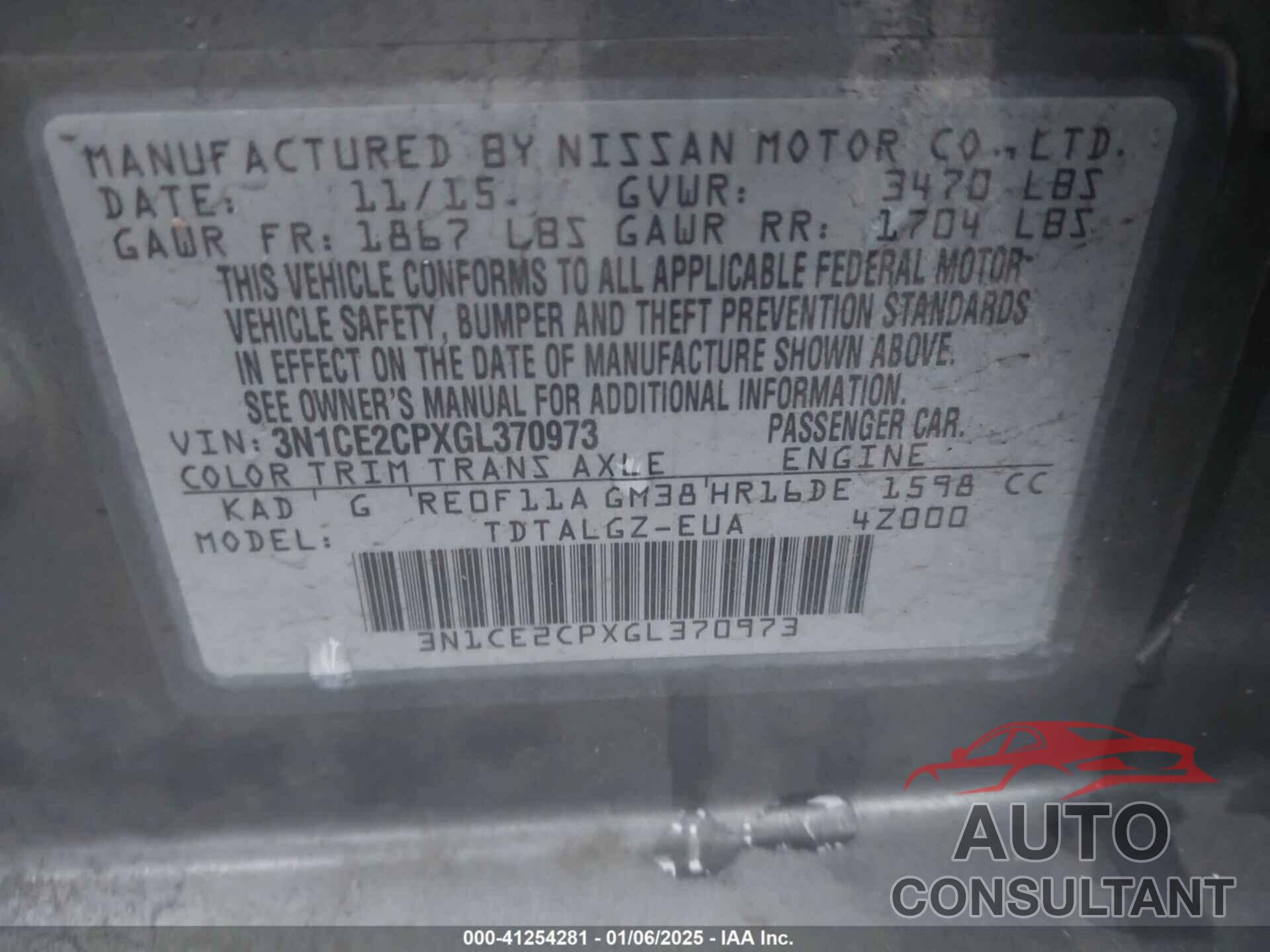 NISSAN VERSA NOTE 2016 - 3N1CE2CPXGL370973