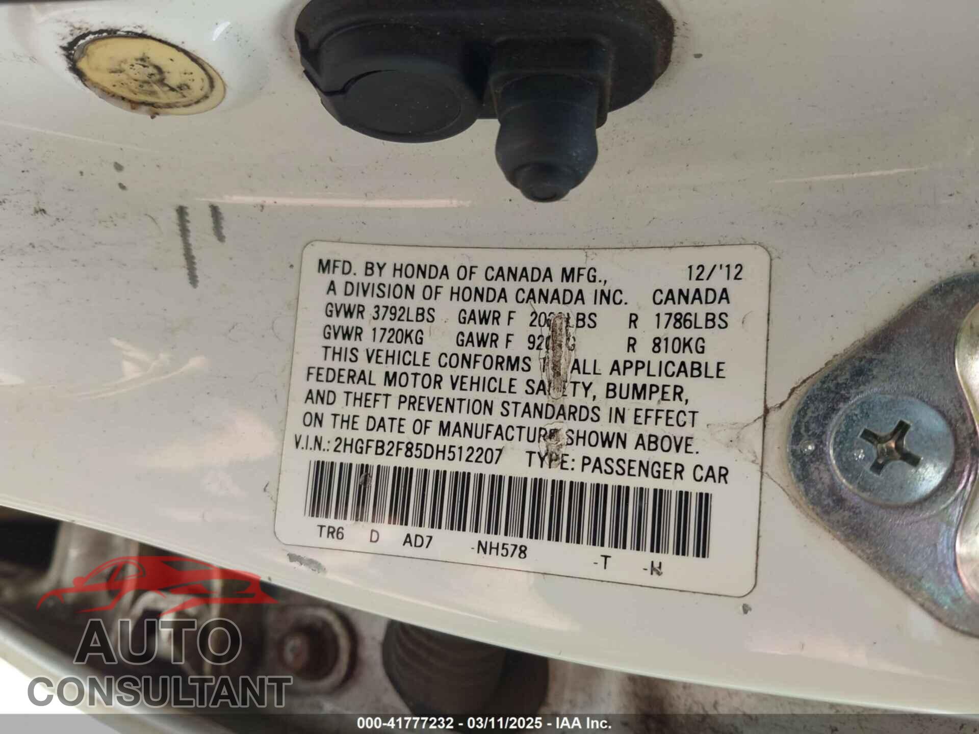 HONDA CIVIC 2013 - 2HGFB2F85DH512207