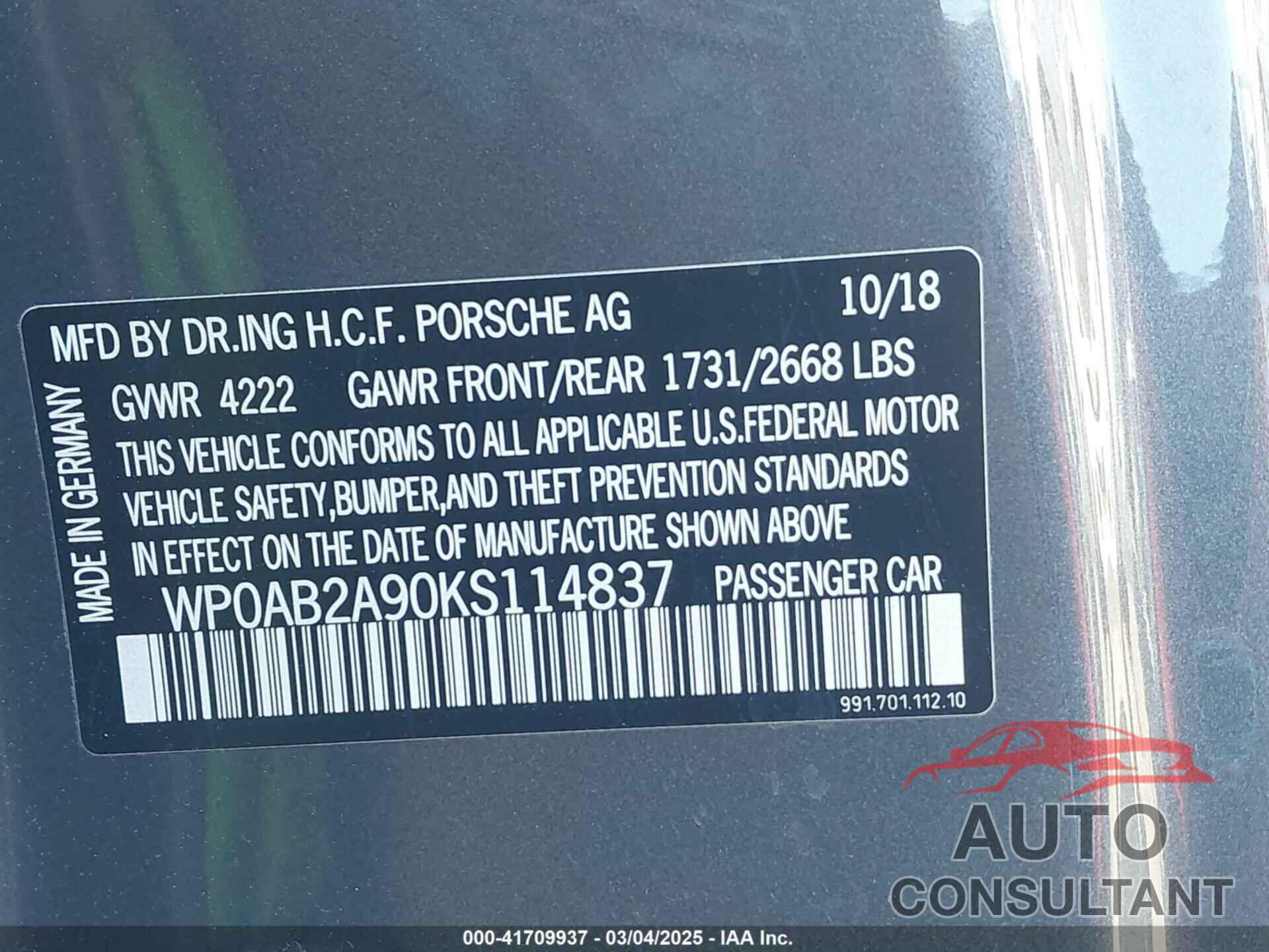PORSCHE 911 2019 - WP0AB2A90KS114837