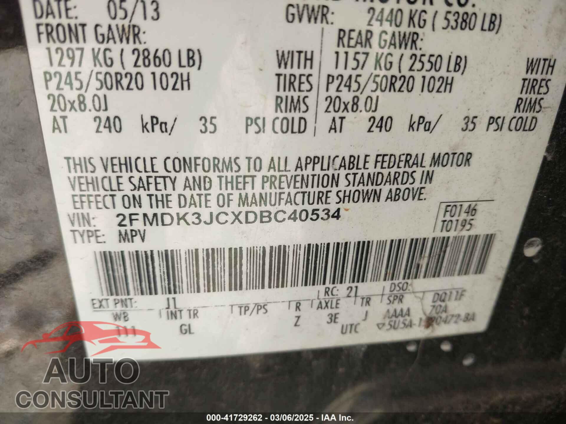 FORD EDGE 2013 - 2FMDK3JCXDBC40534