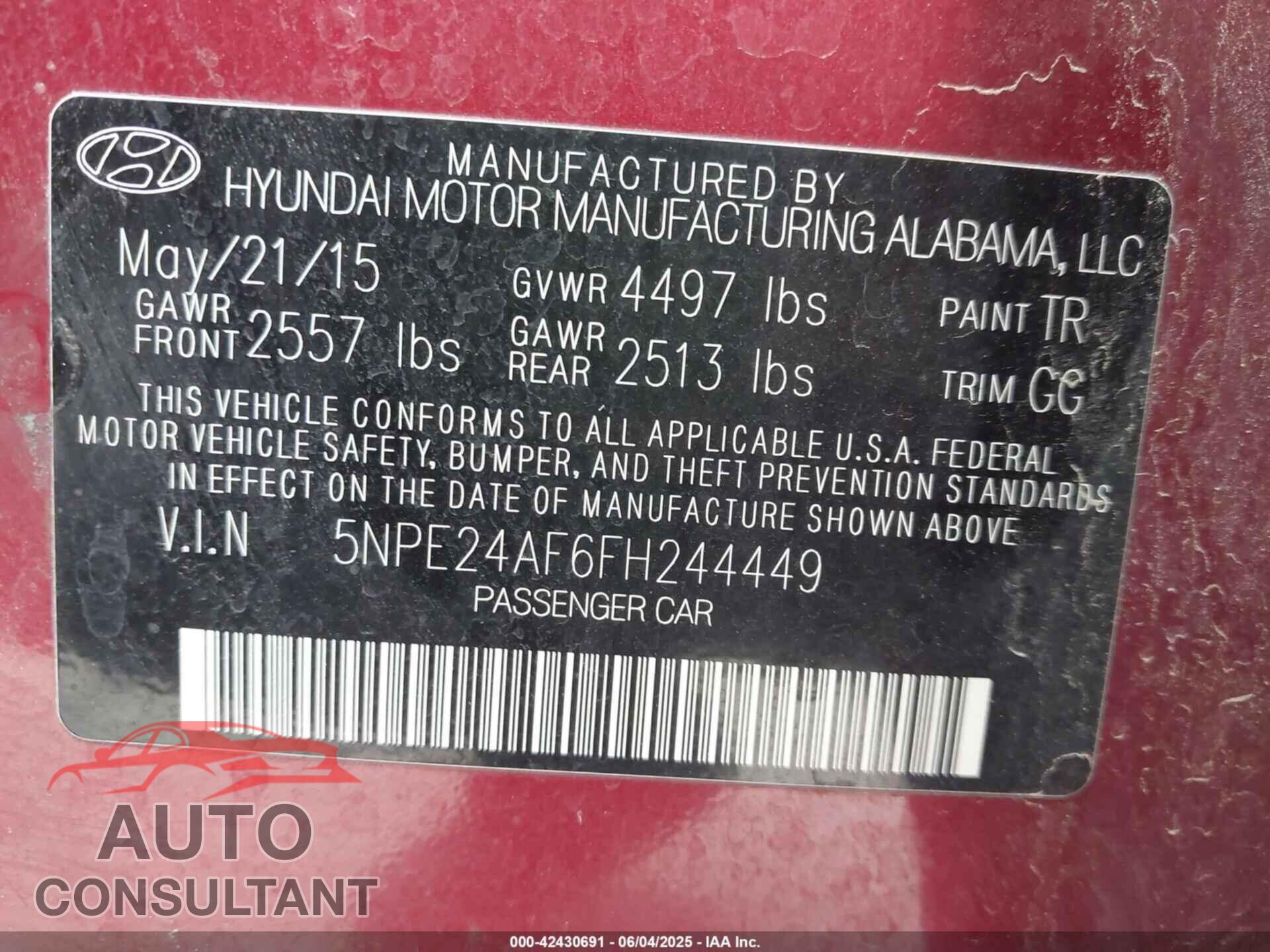 HYUNDAI SONATA 2015 - 5NPE24AF6FH244449