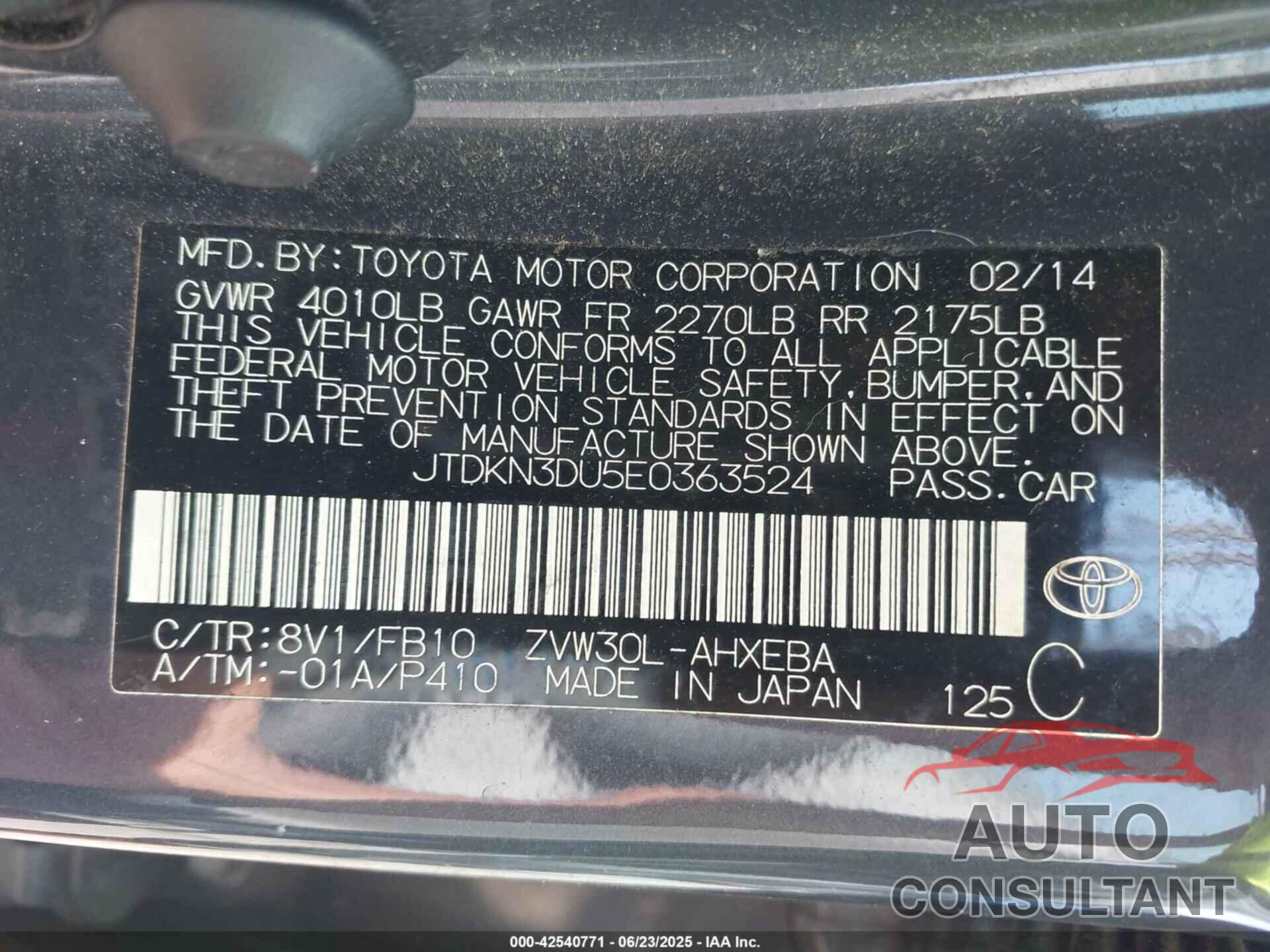 TOYOTA PRIUS 2014 - JTDKN3DU5E0363524