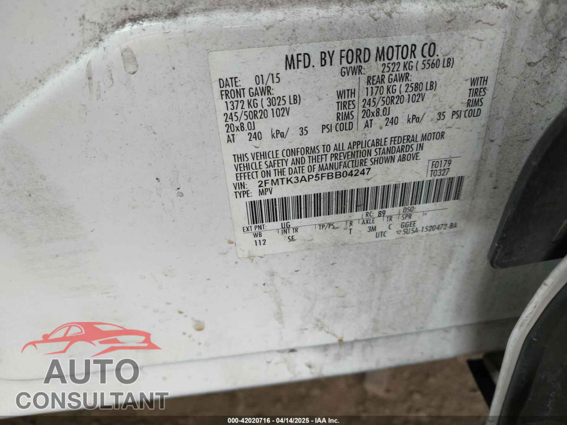 FORD EDGE 2015 - 2FMTK3AP5FBB04247