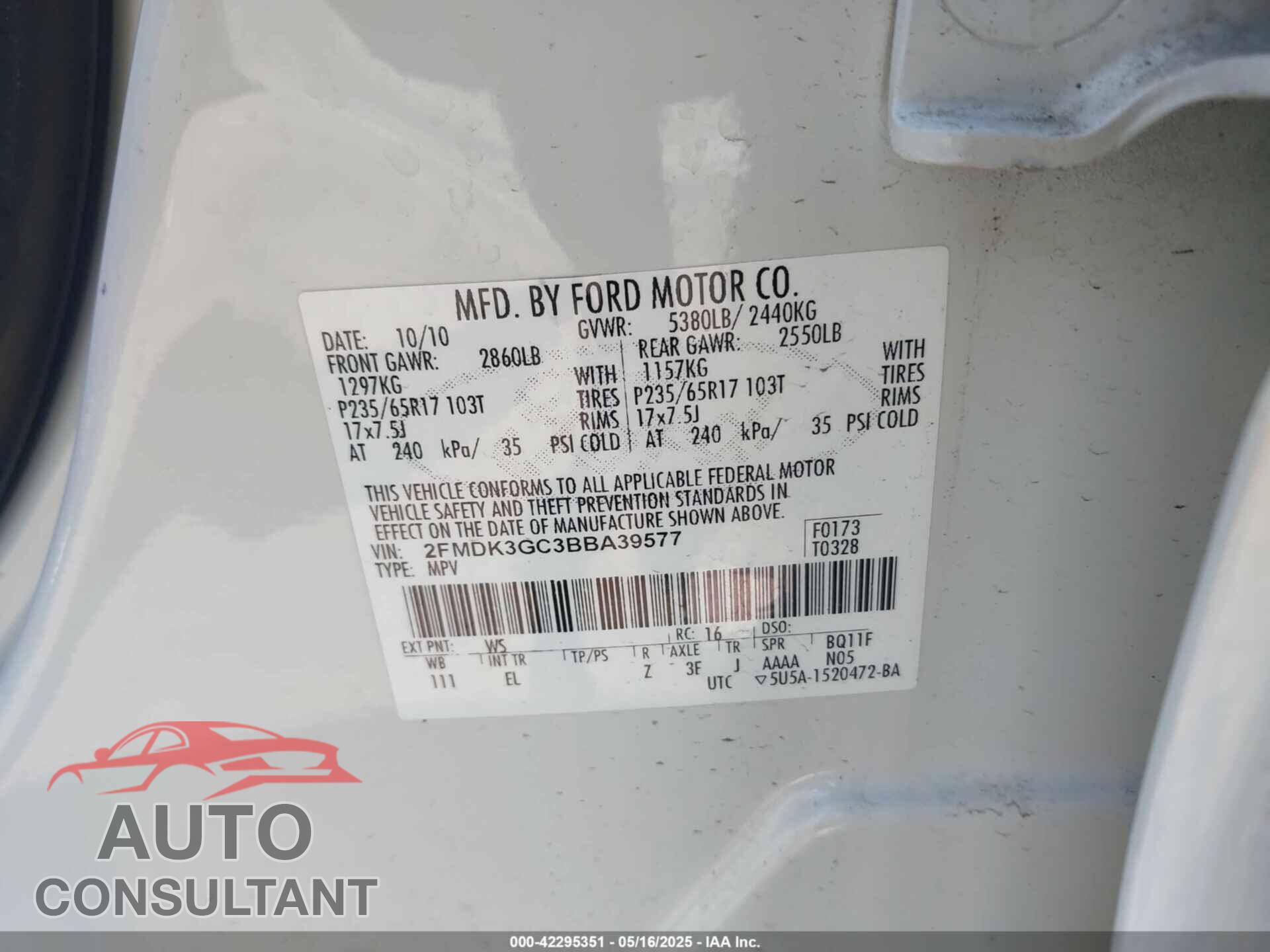FORD EDGE 2011 - 2FMDK3GC3BBA39577