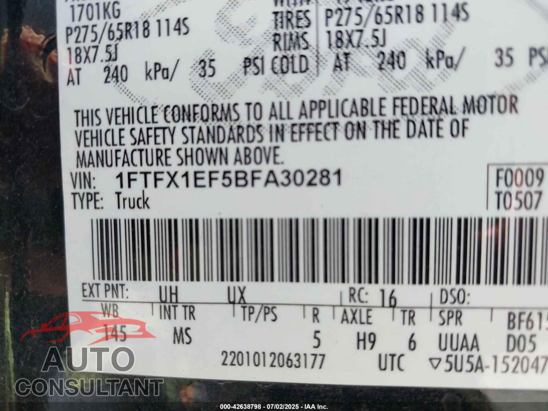 FORD F-150 2011 - 1FTFX1EF5BFA30281