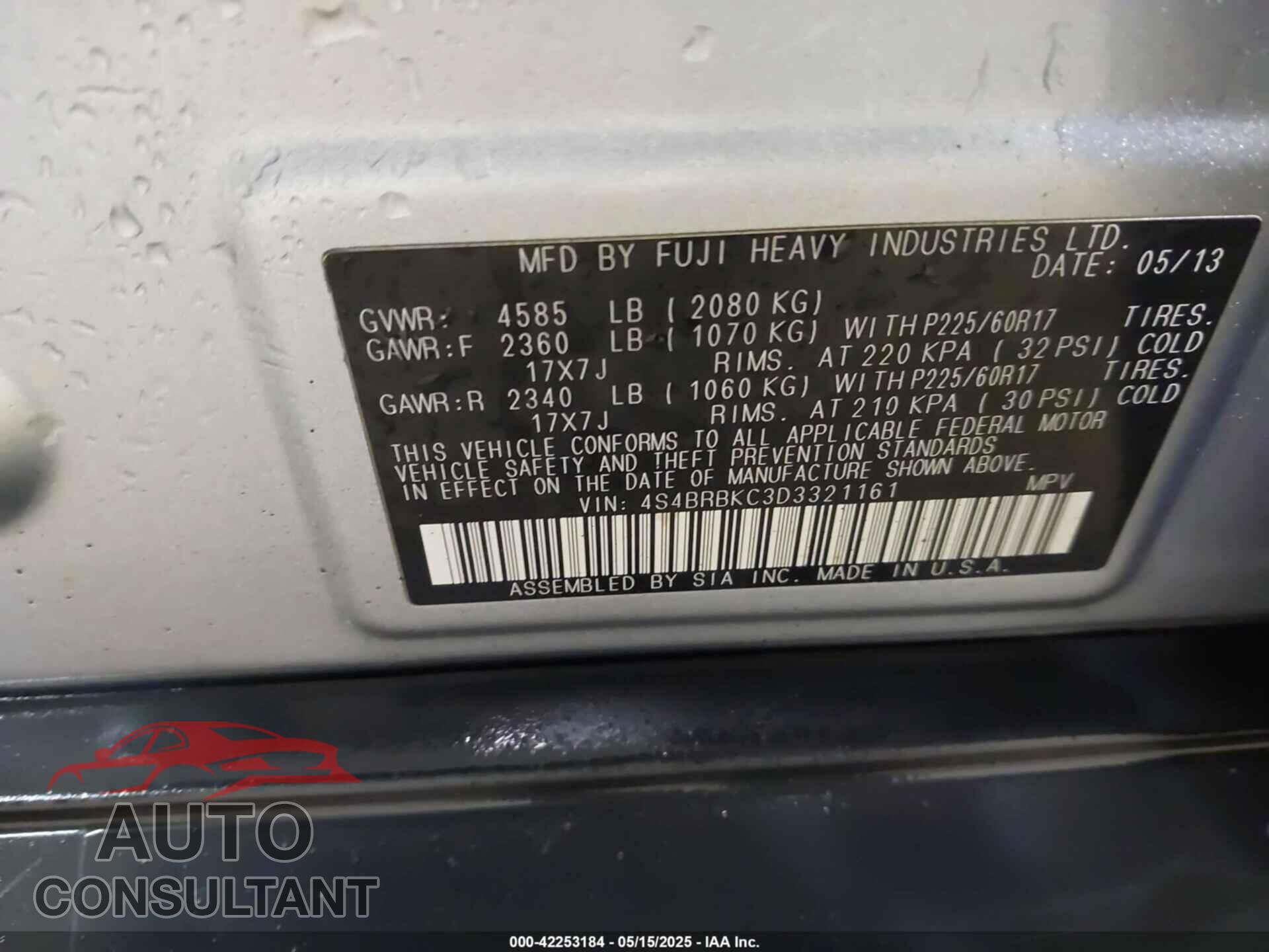 SUBARU OUTBACK 2013 - 4S4BRBKC3D3321161