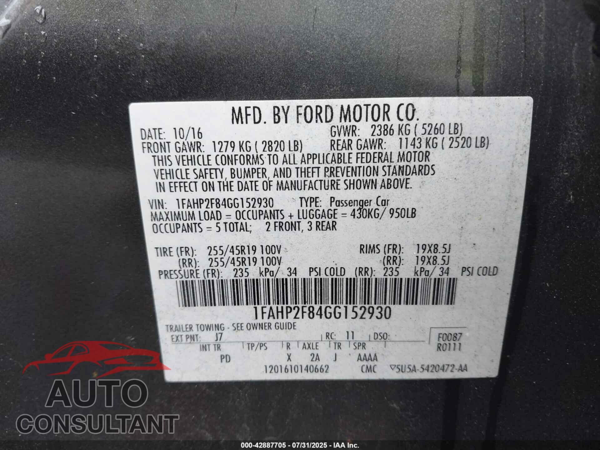 FORD TAURUS 2016 - 1FAHP2F84GG152930