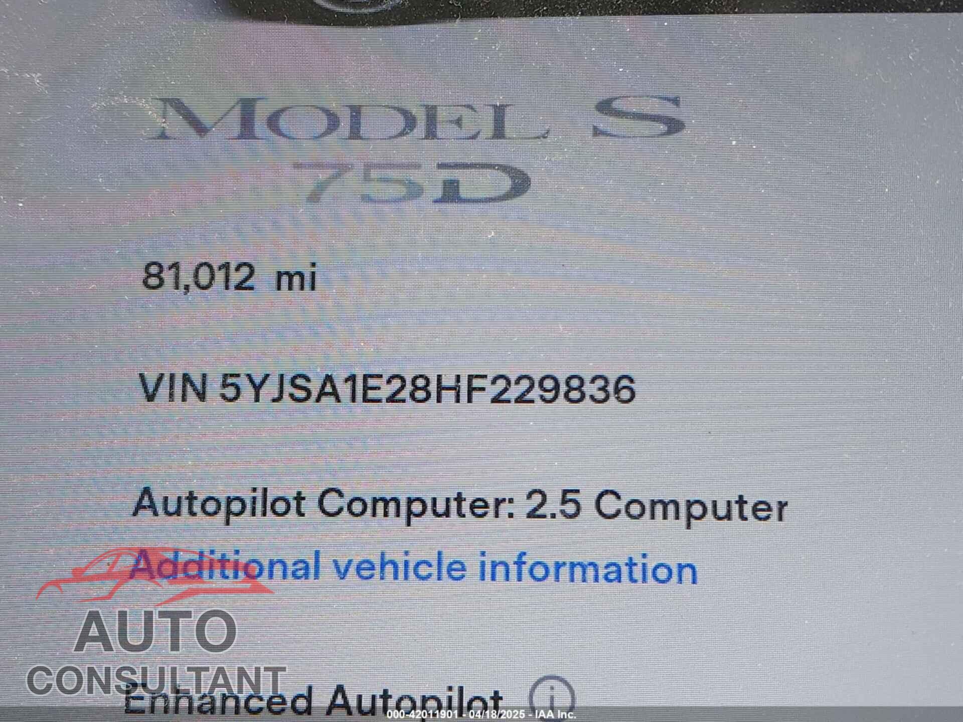 TESLA MODEL S 2017 - 5YJSA1E28HF229836