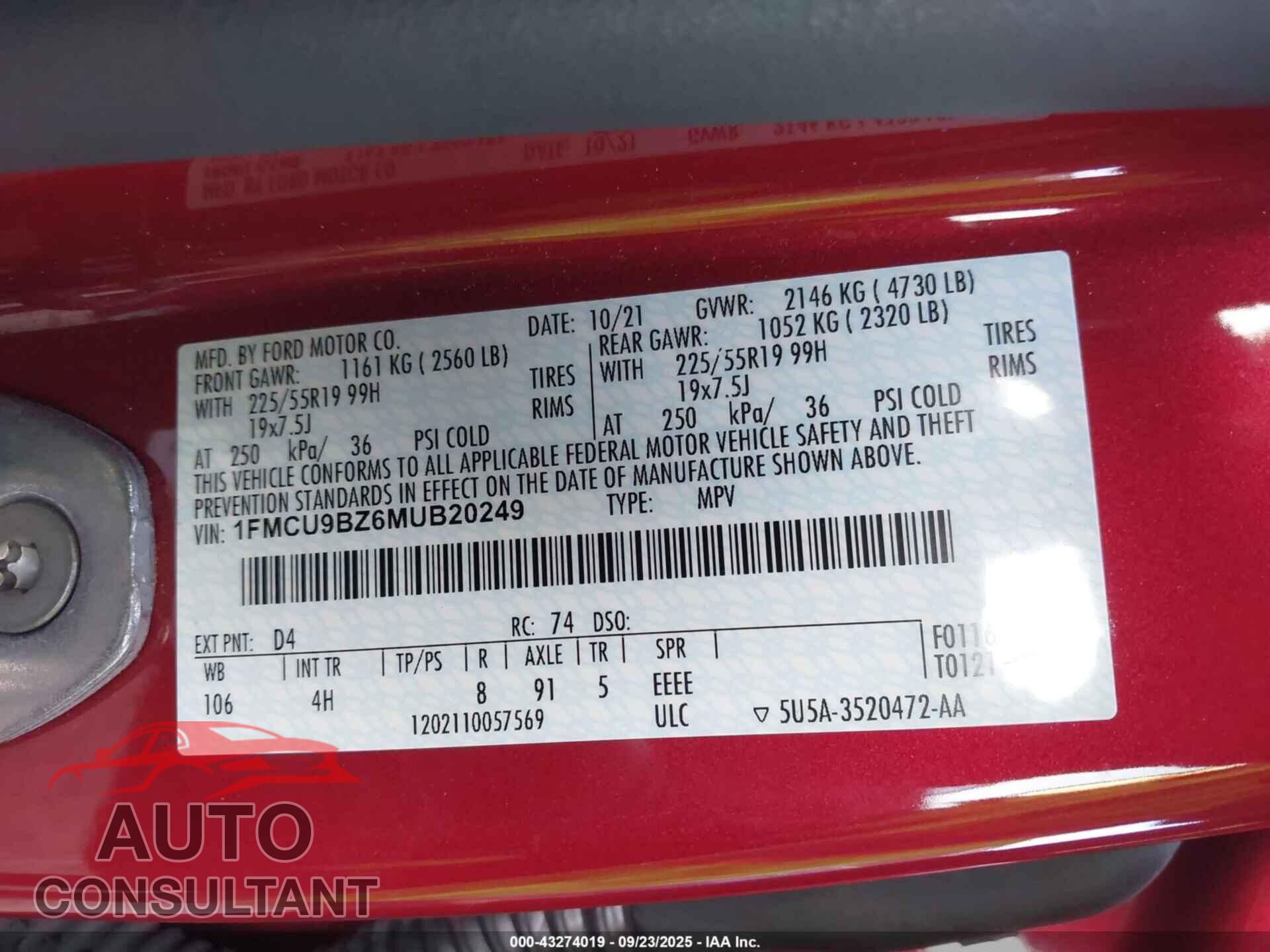 FORD ESCAPE 2021 - 1FMCU9BZ6MUB20249