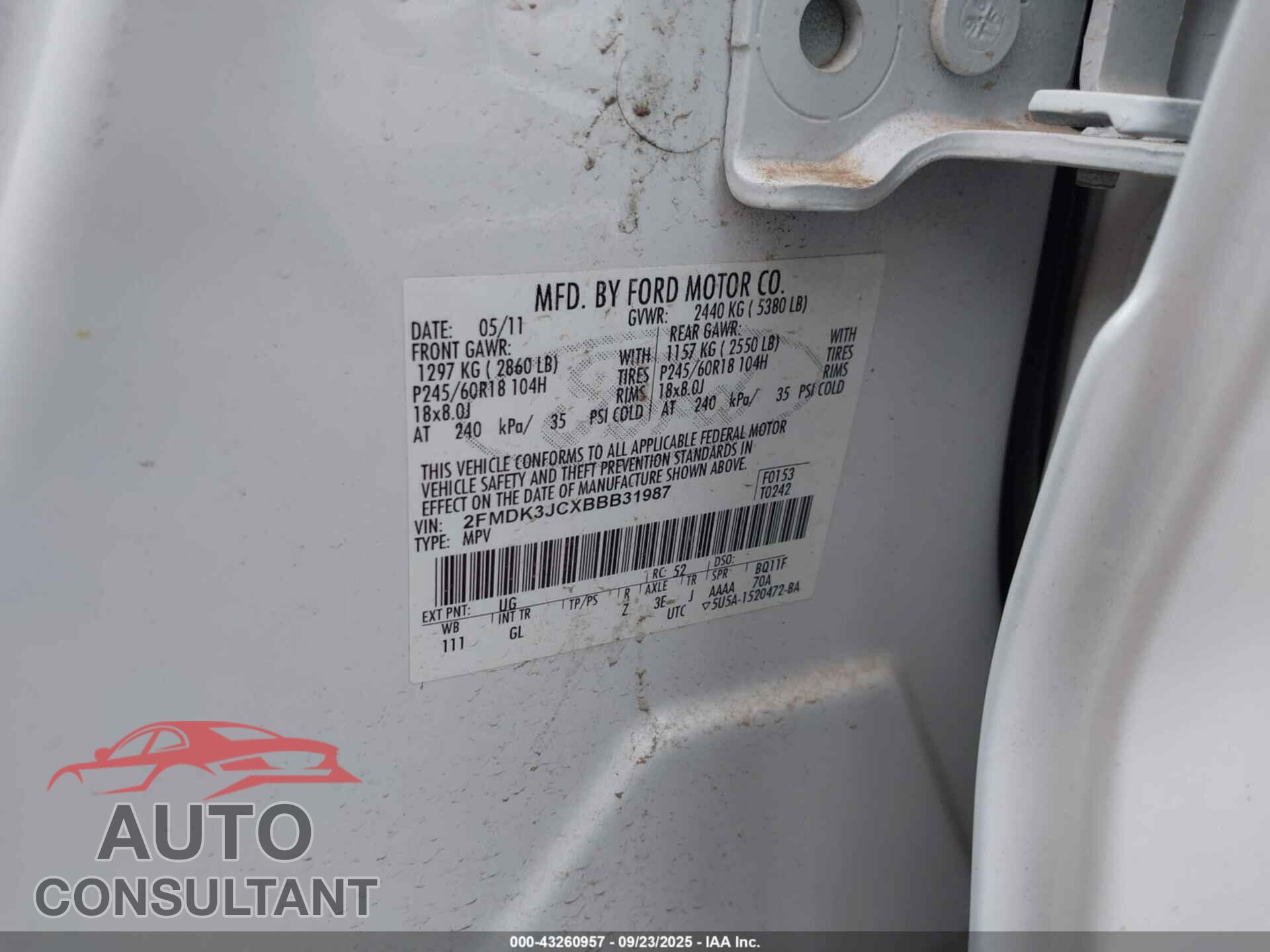 FORD EDGE 2011 - 2FMDK3JCXBBB31987