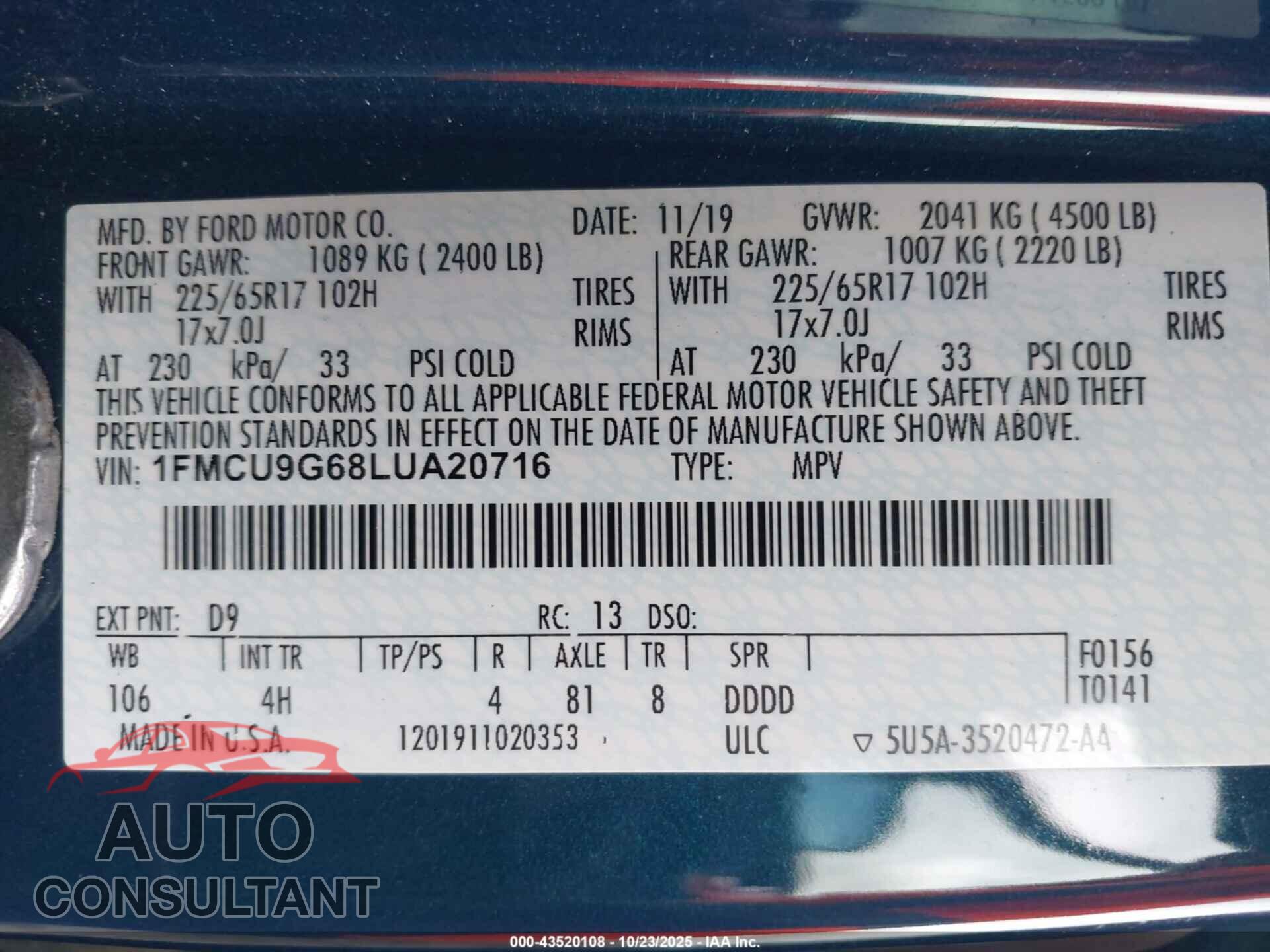 FORD ESCAPE 2020 - 1FMCU9G68LUA20716