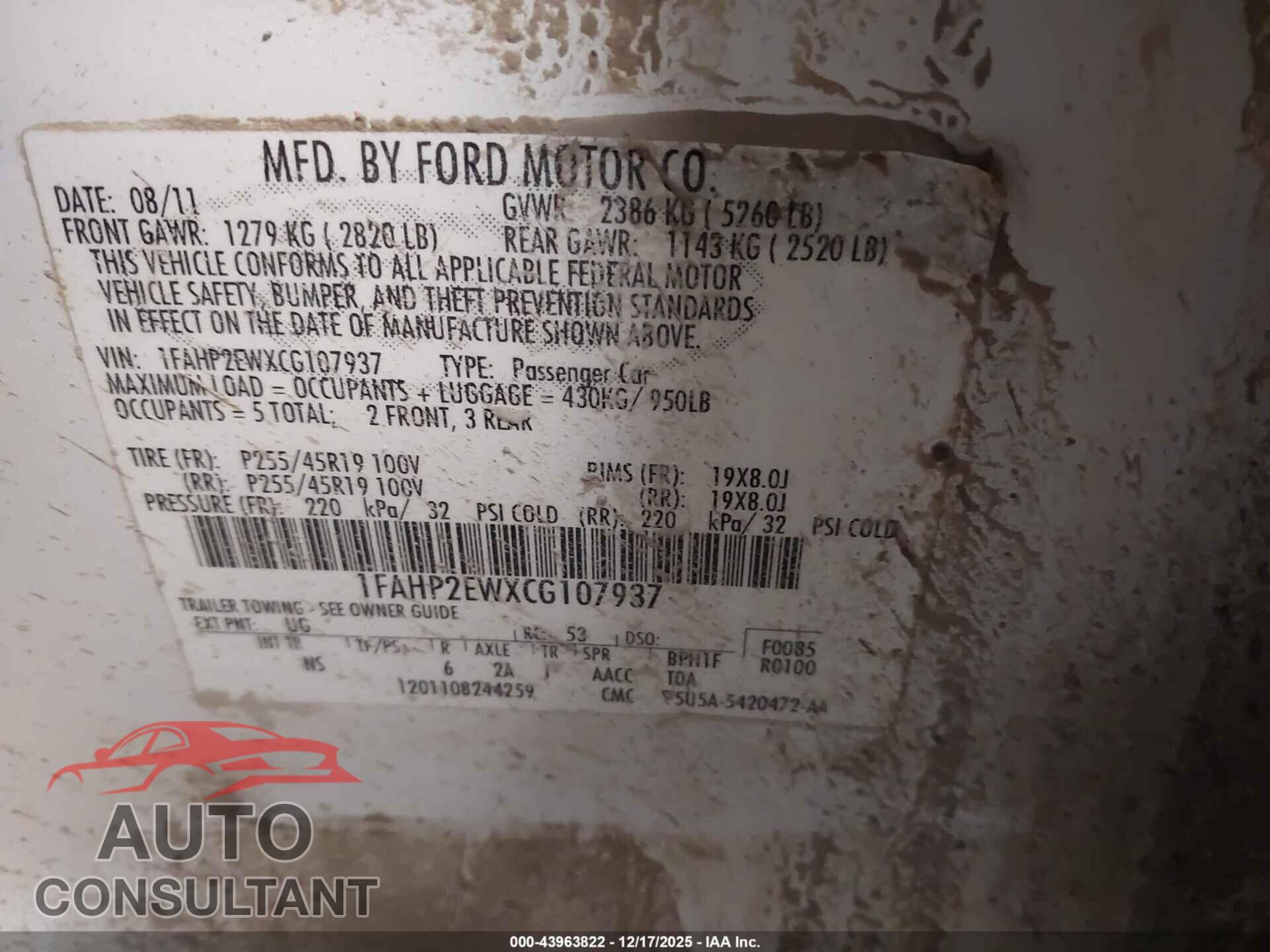 FORD TAURUS 2012 - 1FAHP2EWXCG107937