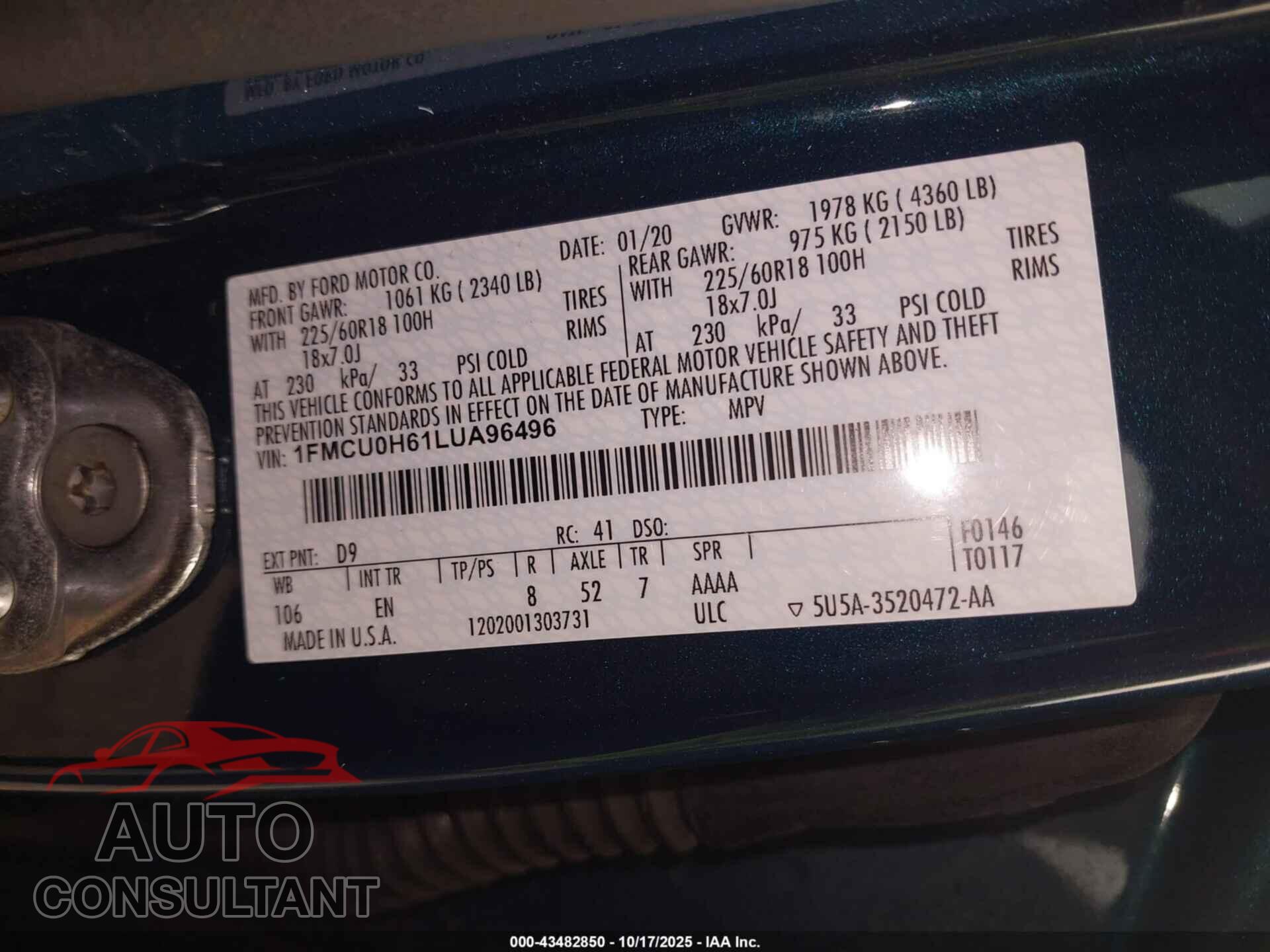FORD ESCAPE 2020 - 1FMCU0H61LUA96496