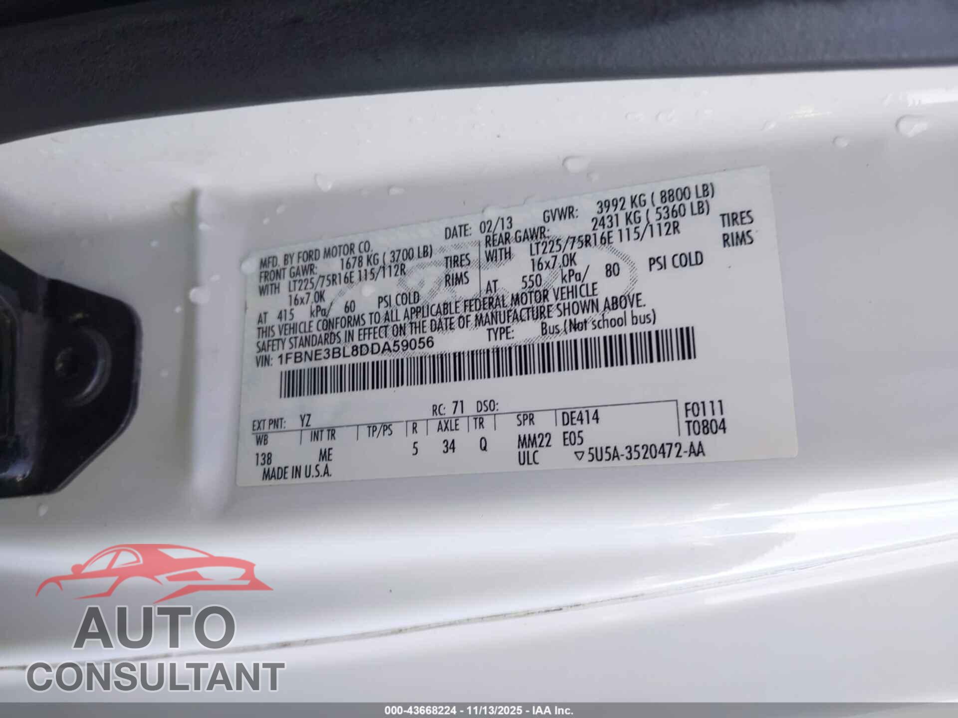 FORD E-350 SUPER DUTY 2013 - 1FBNE3BL8DDA59056