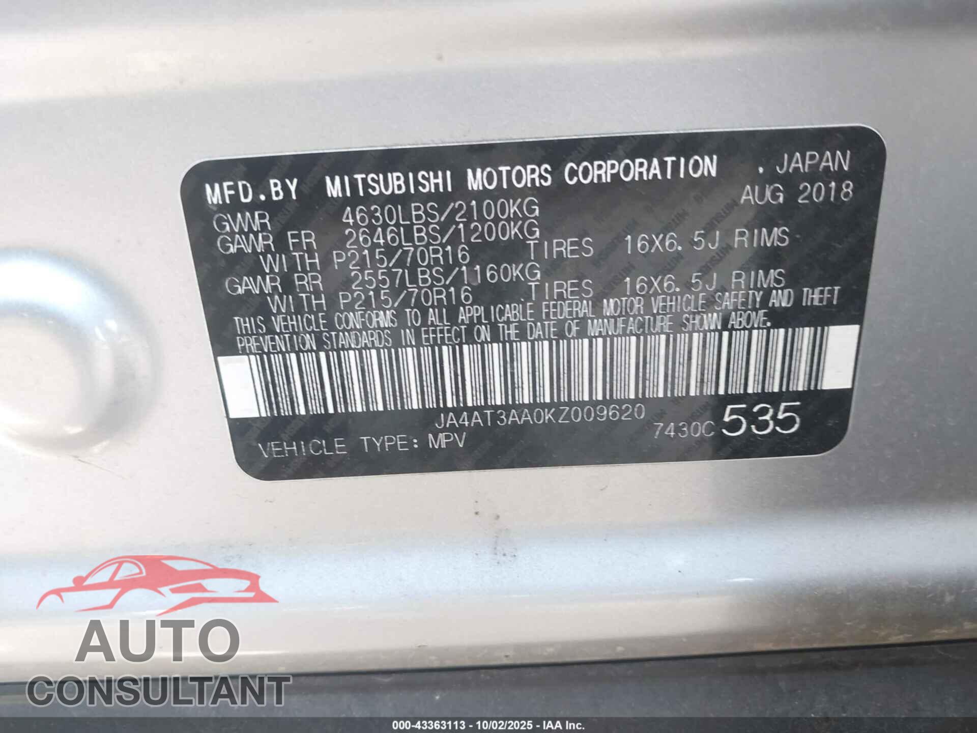 MITSUBISHI ECLIPSE CROSS 2019 - JA4AT3AA0KZ009620
