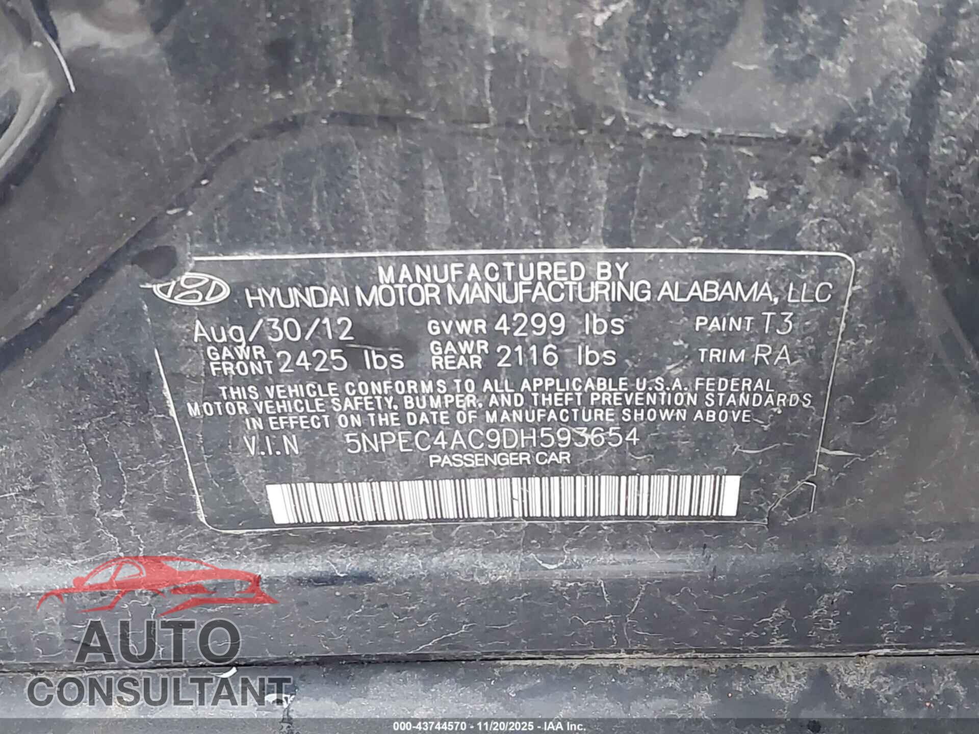 HYUNDAI SONATA 2013 - 5NPEC4AC9DH593654