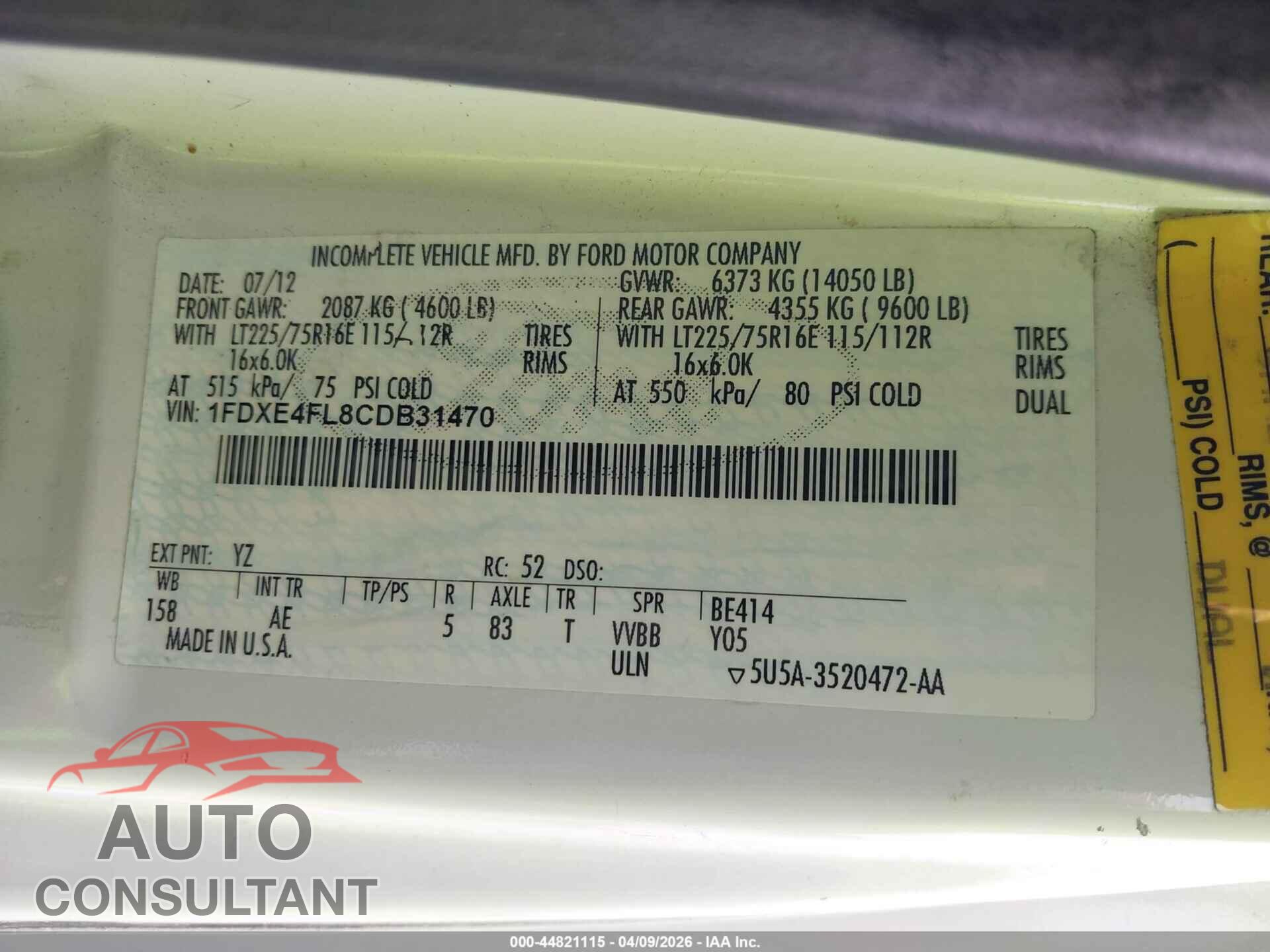 FORD E-450 CUTAWAY 2012 - 1FDXE4FL8CDB31470