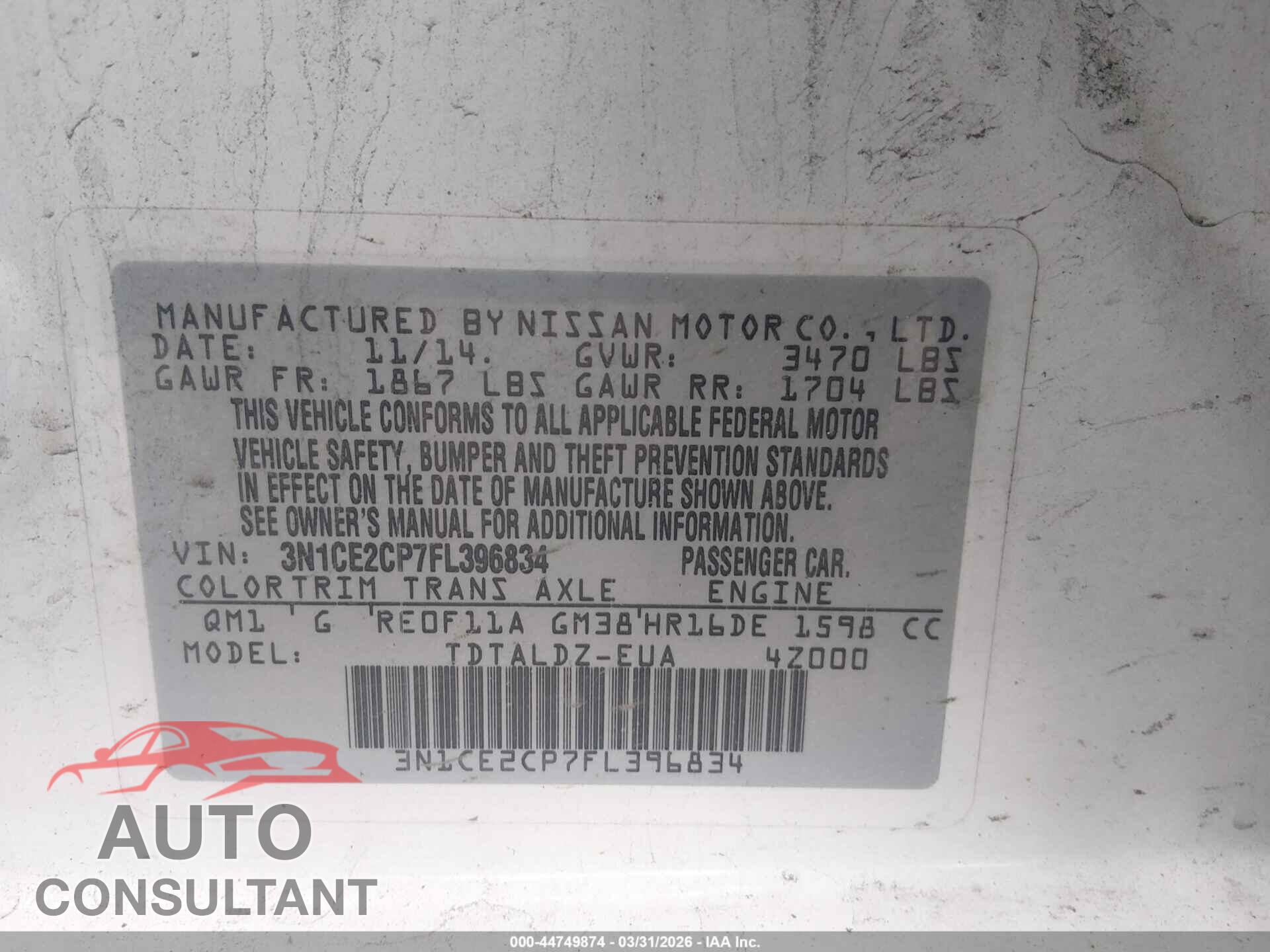 NISSAN VERSA NOTE 2015 - 3N1CE2CP7FL396834