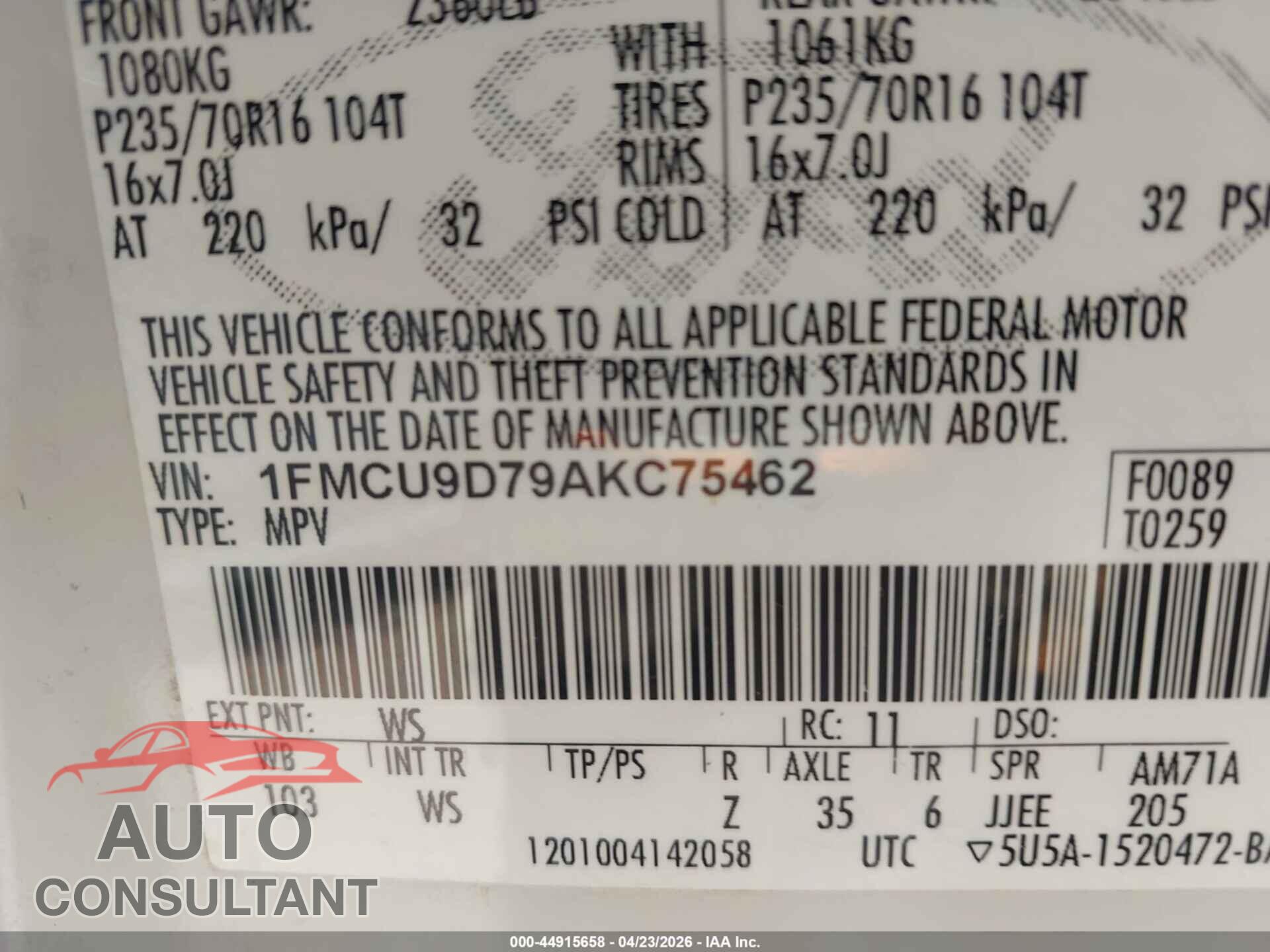 FORD ESCAPE 2010 - 1FMCU9D79AKC75462