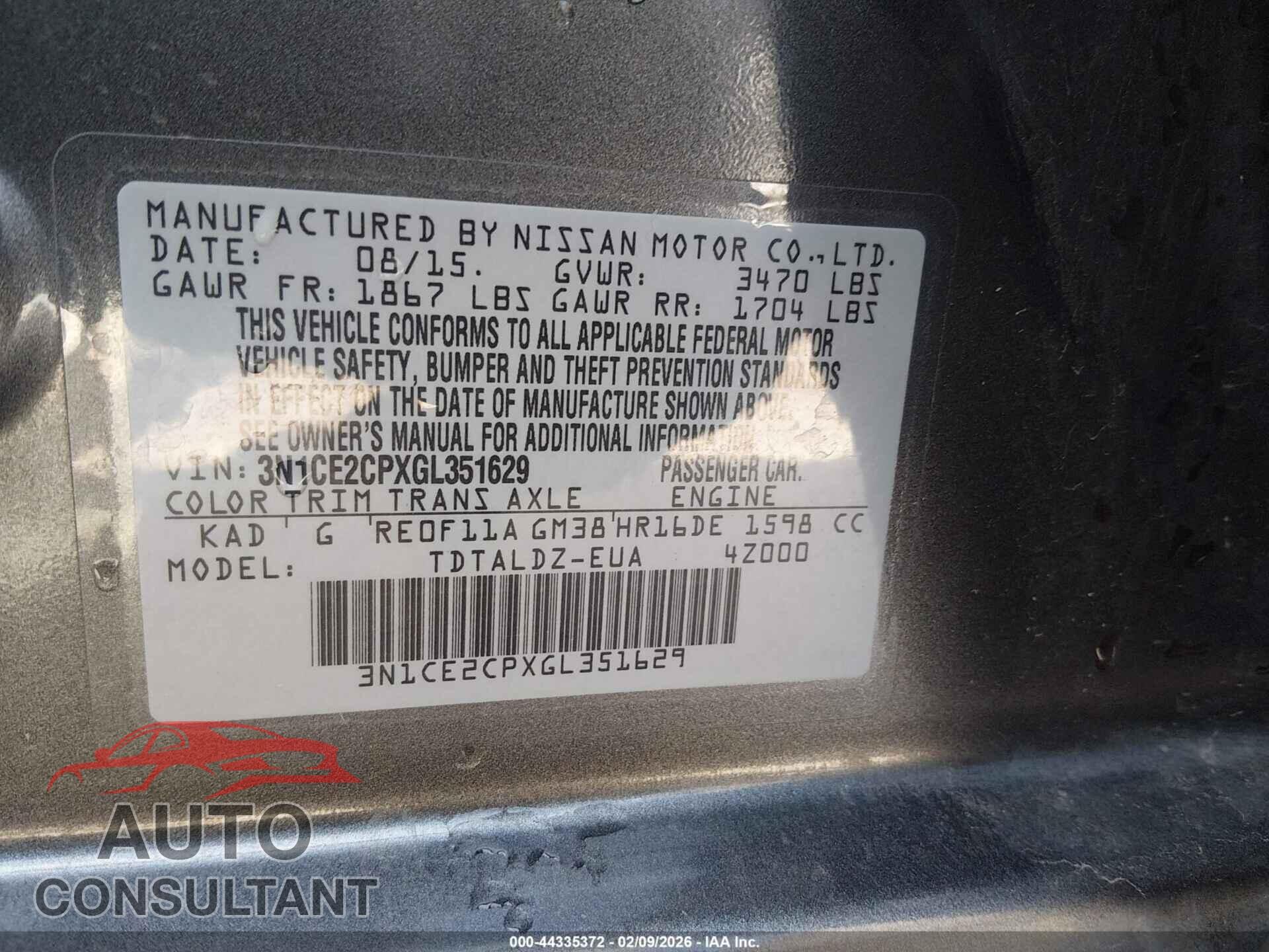 NISSAN VERSA NOTE 2016 - 3N1CE2CPXGL351629