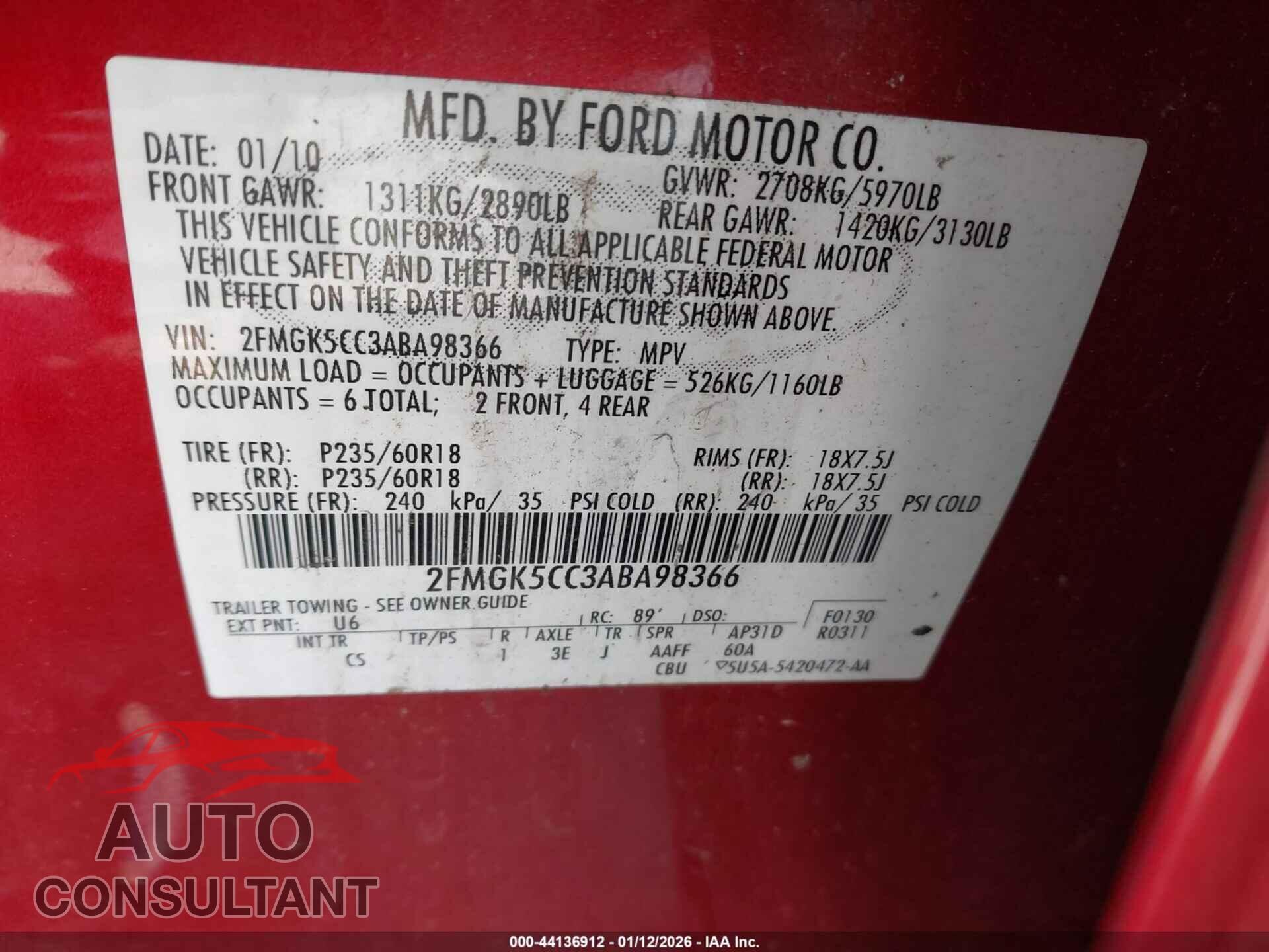 FORD FLEX 2010 - 2FMGK5CC3ABA98366