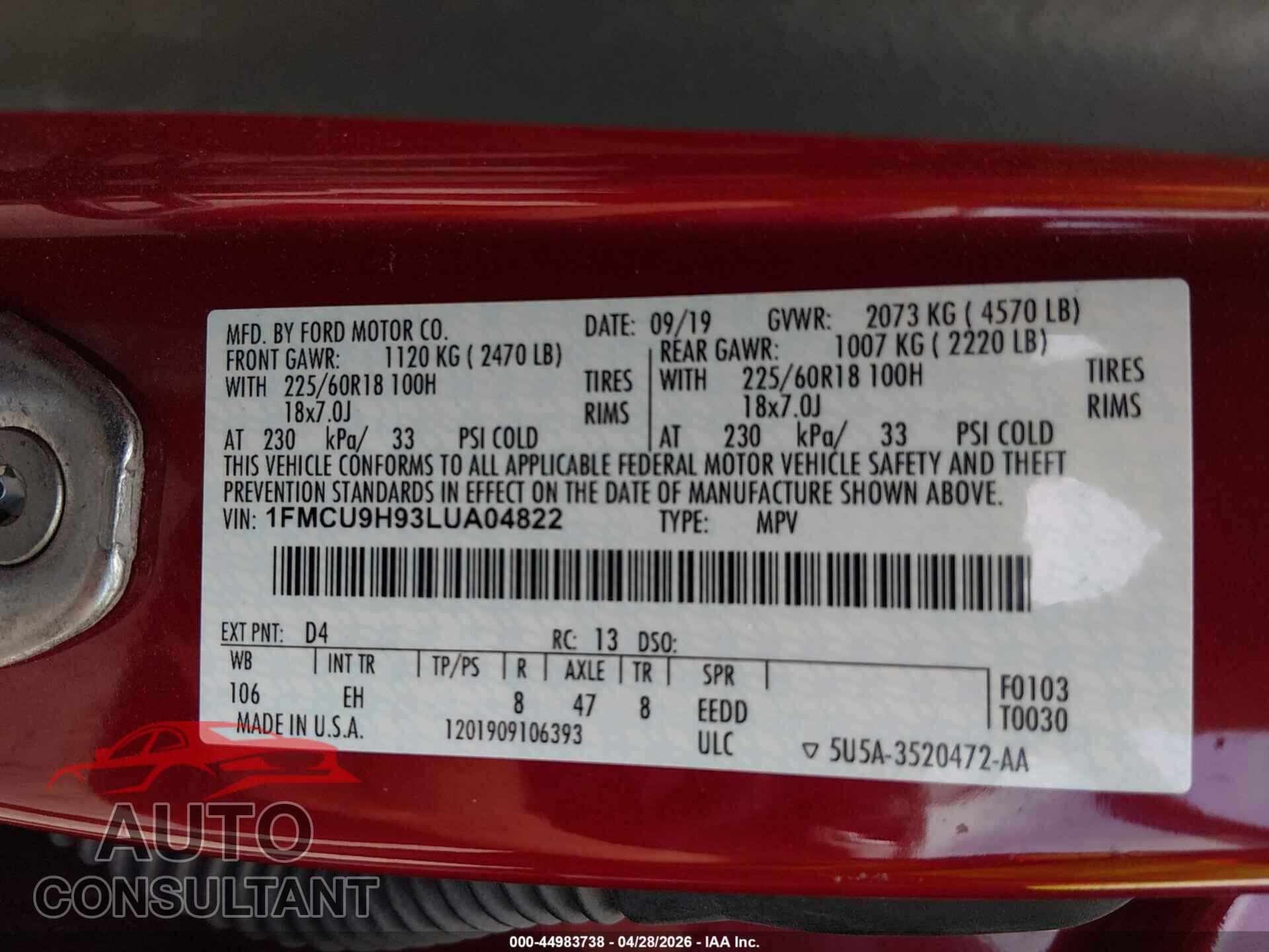 FORD ESCAPE 2020 - 1FMCU9H93LUA04822