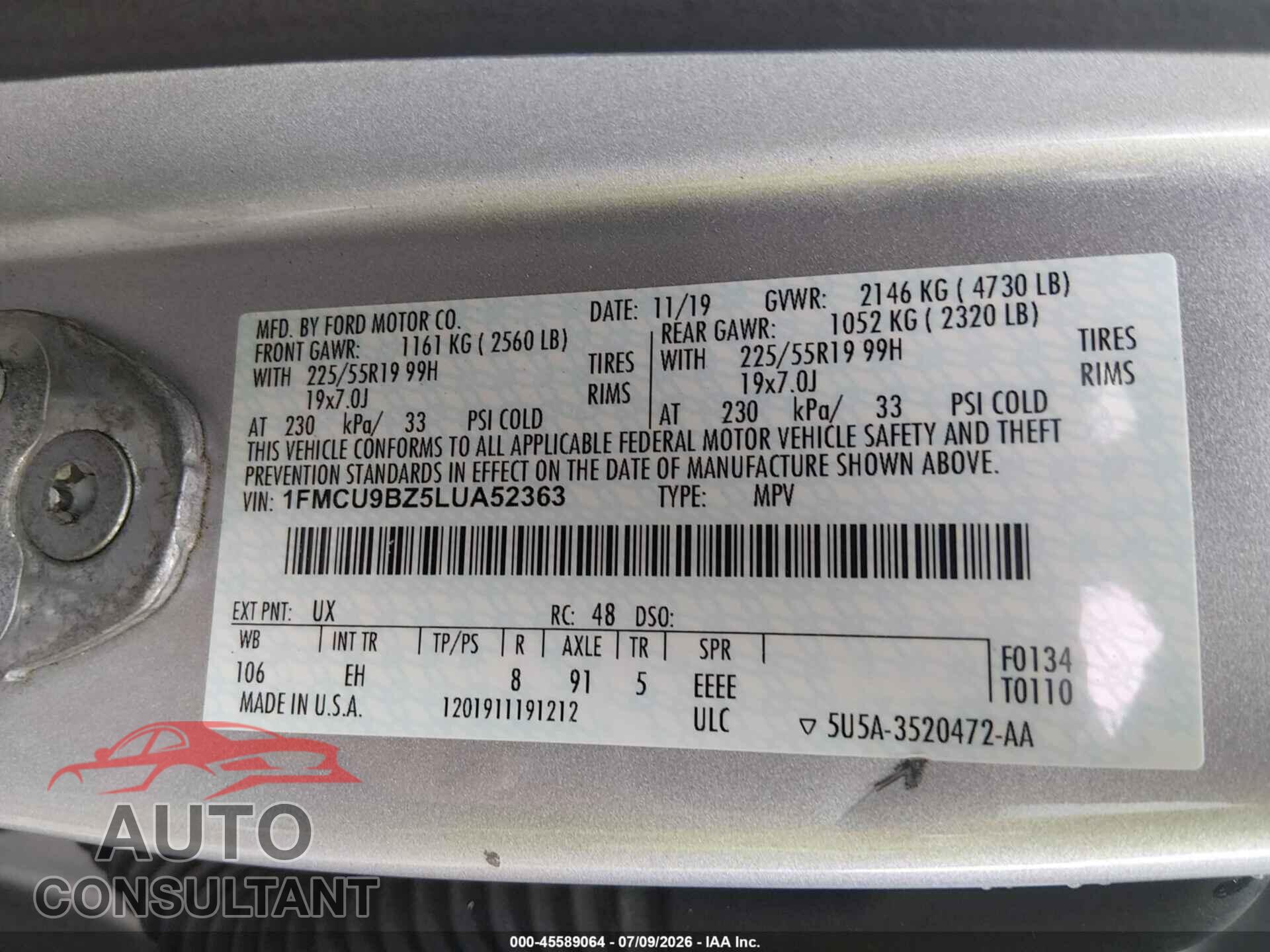 FORD ESCAPE 2020 - 1FMCU9BZ5LUA52363