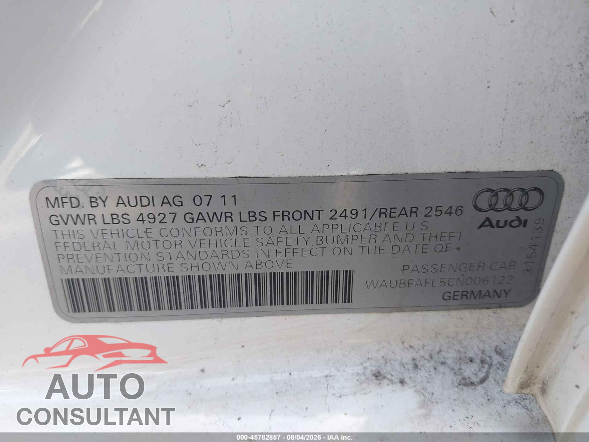 AUDI A4 2012 - WAUBFAFL5CN006122