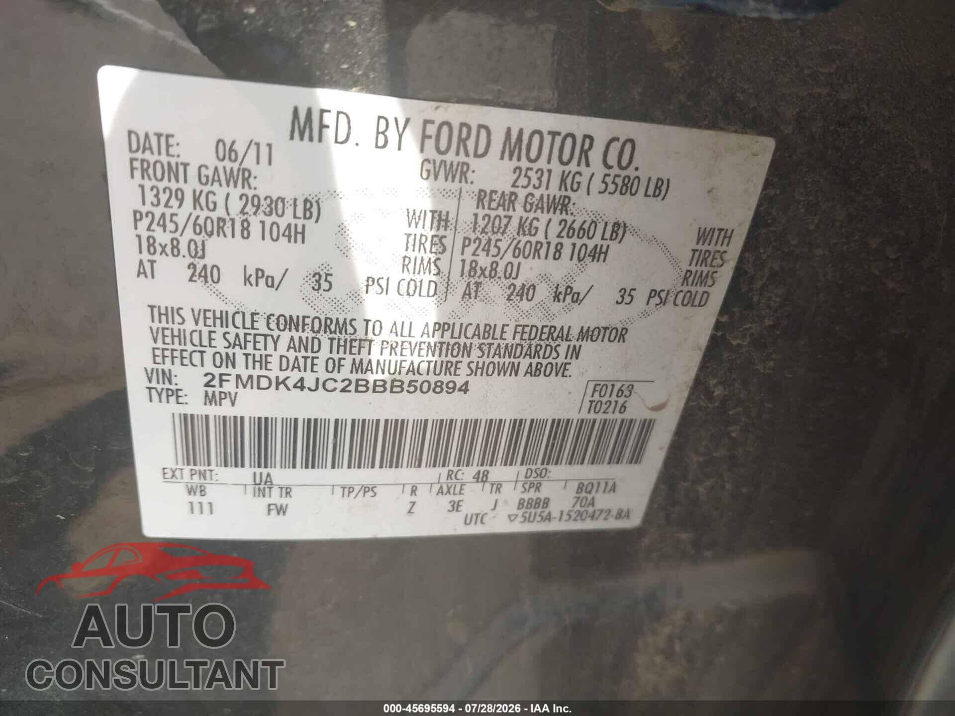 FORD EDGE 2011 - 2FMDK4JC2BBB50894