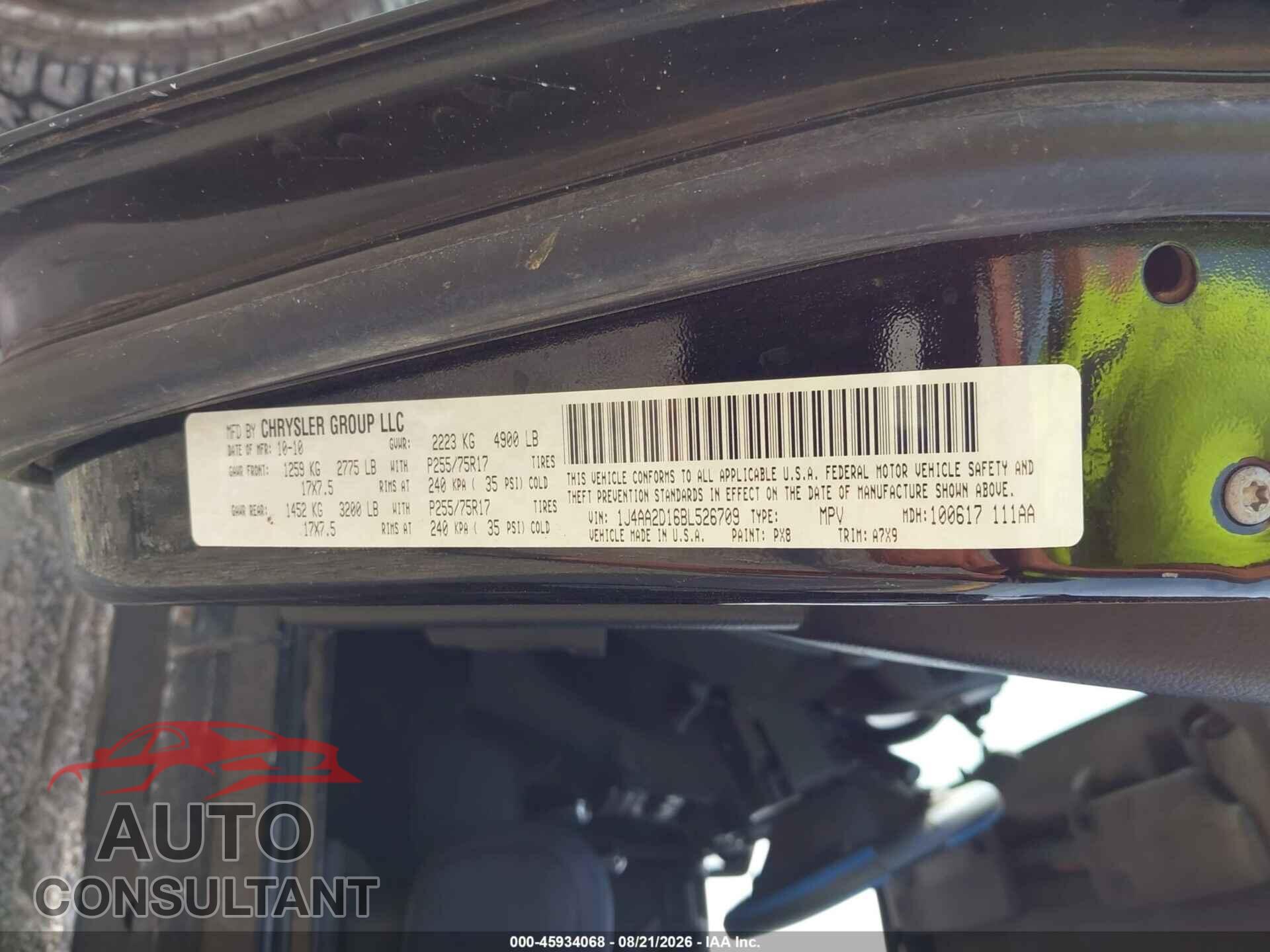 JEEP WRANGLER 2011 - 1J4AA2D16BL526709