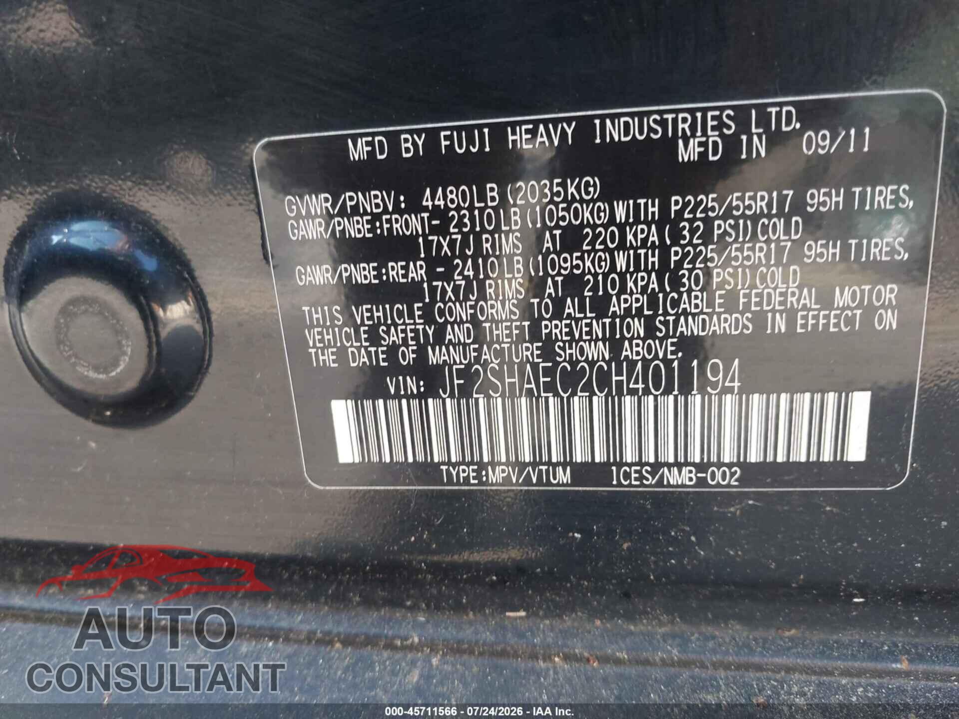 SUBARU FORESTER 2012 - JF2SHAEC2CH401194