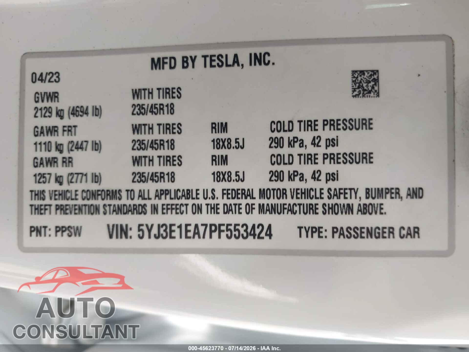 TESLA MODEL 3 2023 - 5YJ3E1EA7PF553424