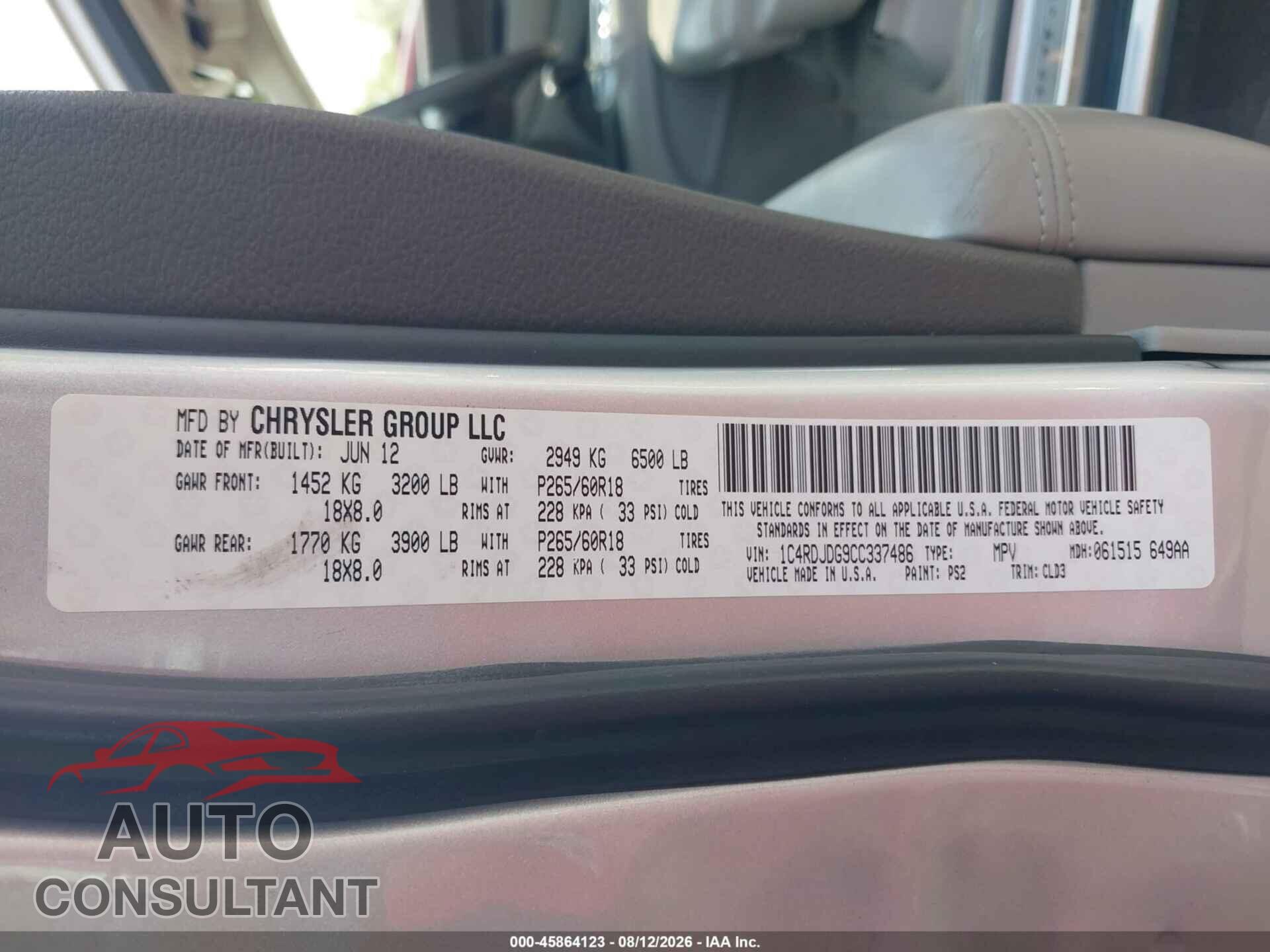 DODGE DURANGO 2012 - 1C4RDJDG9CC337486