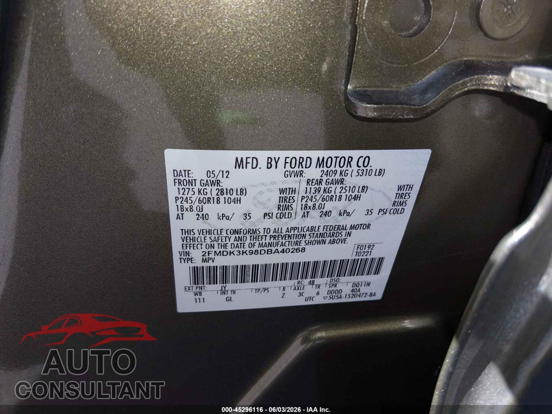 FORD EDGE 2013 - 2FMDK3K98DBA40268