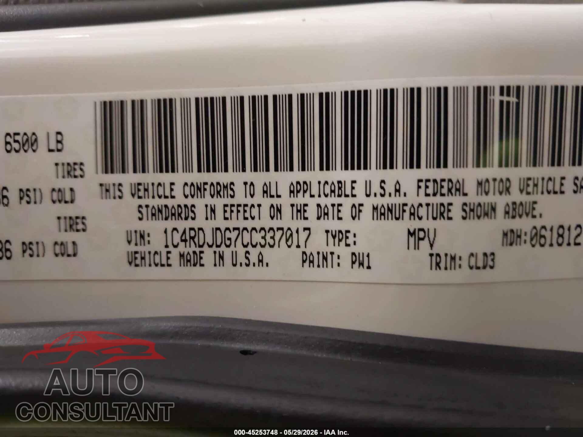 DODGE DURANGO 2012 - 1C4RDJDG7CC337017